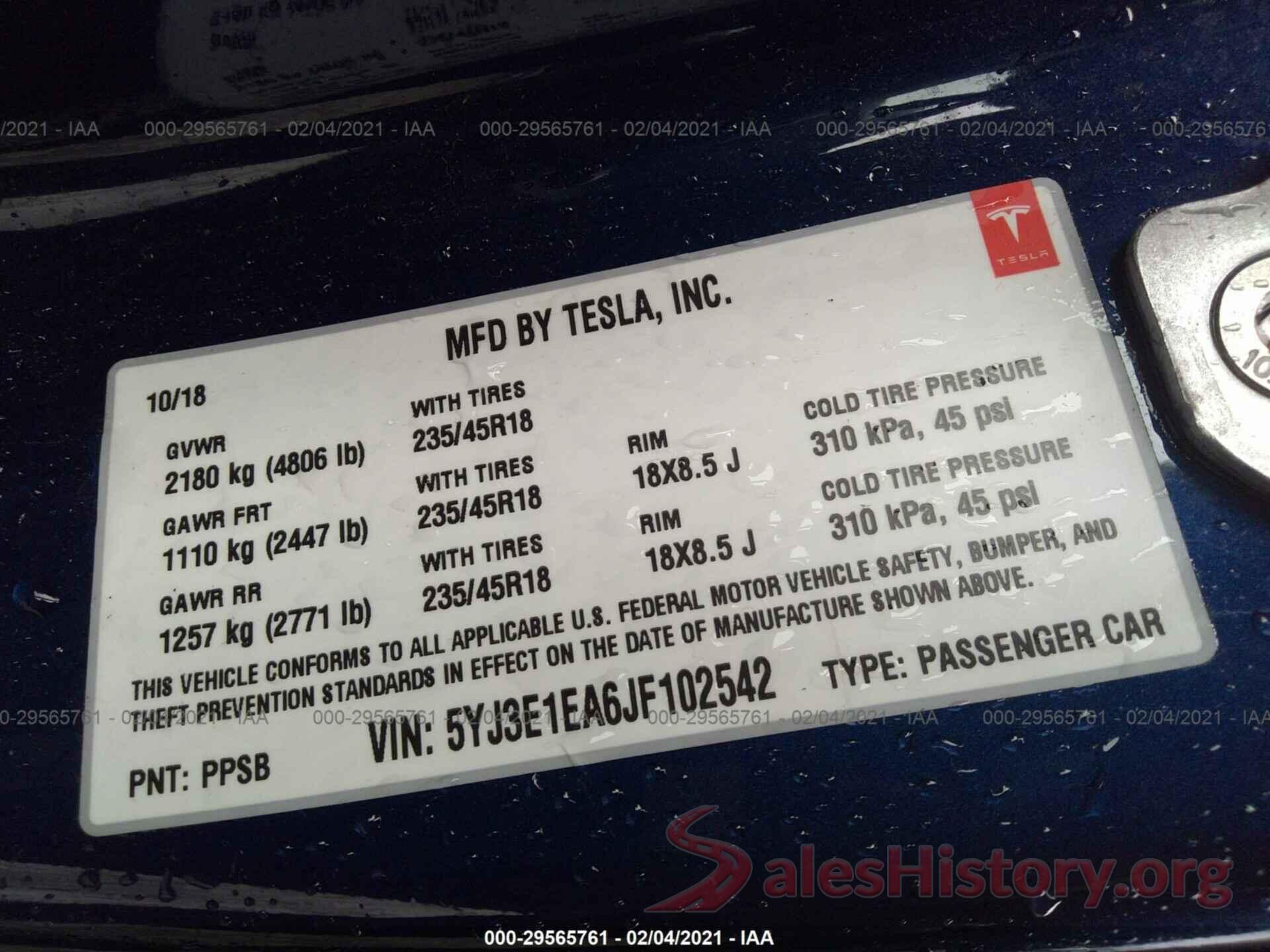 5YJ3E1EA6JF102542 2018 TESLA MODEL 3