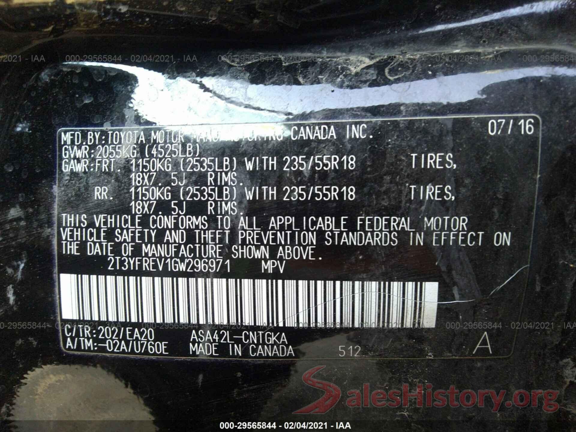 2T3YFREV1GW296971 2016 TOYOTA RAV4