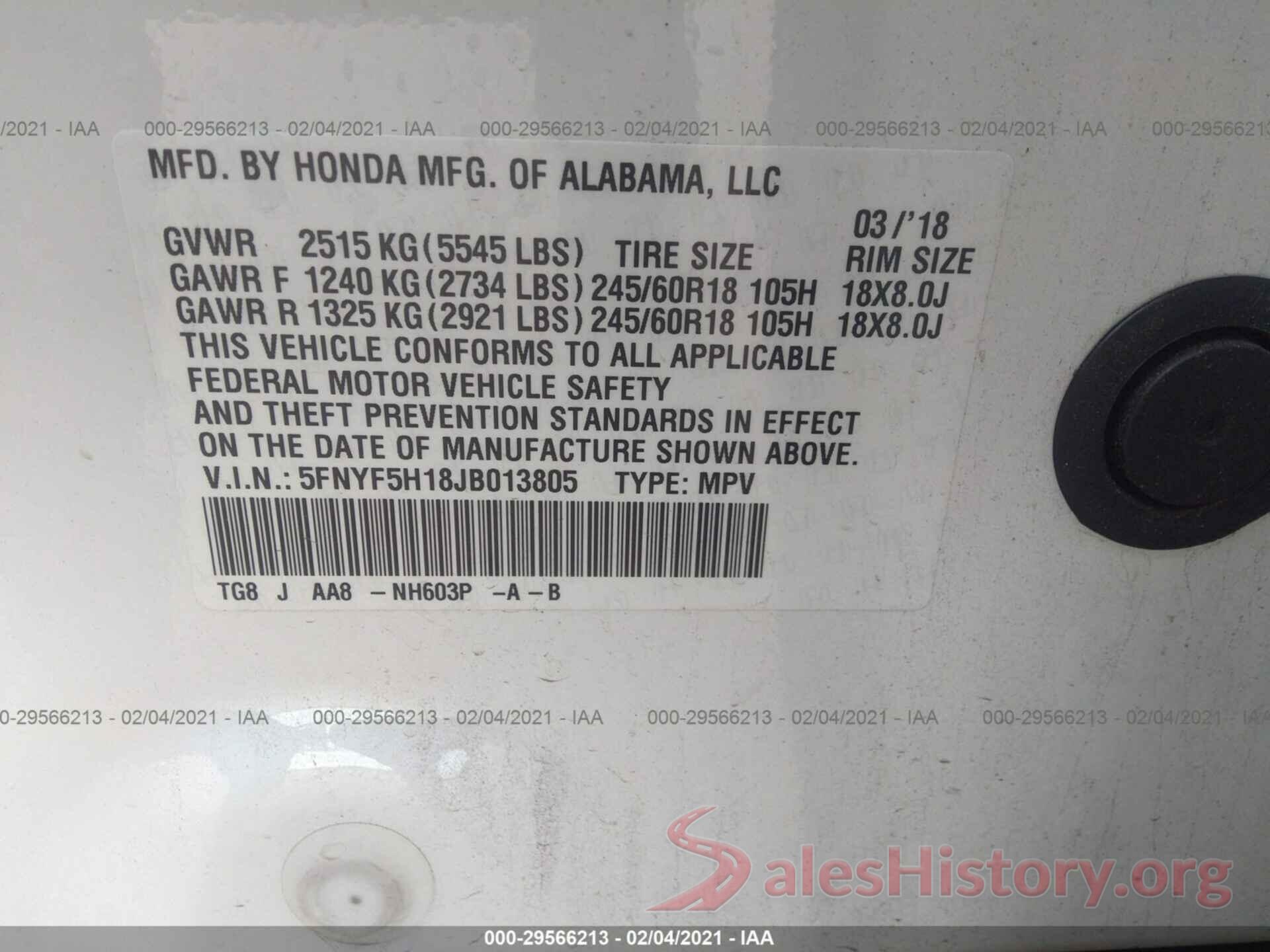 5FNYF5H18JB013805 2018 HONDA PILOT