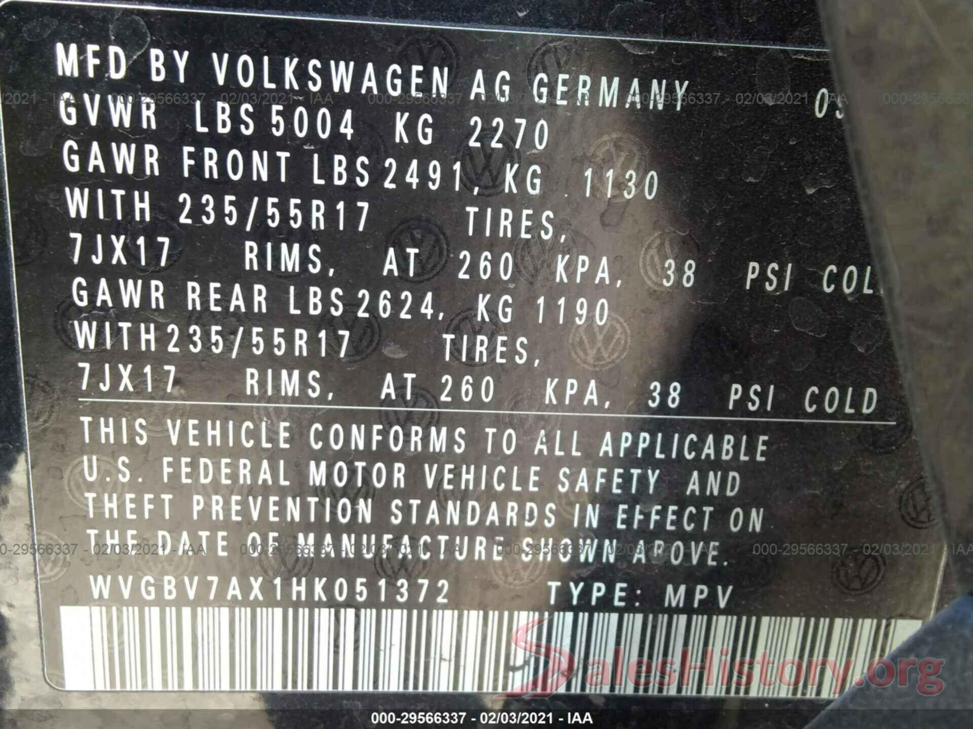 WVGBV7AX1HK051372 2017 VOLKSWAGEN TIGUAN