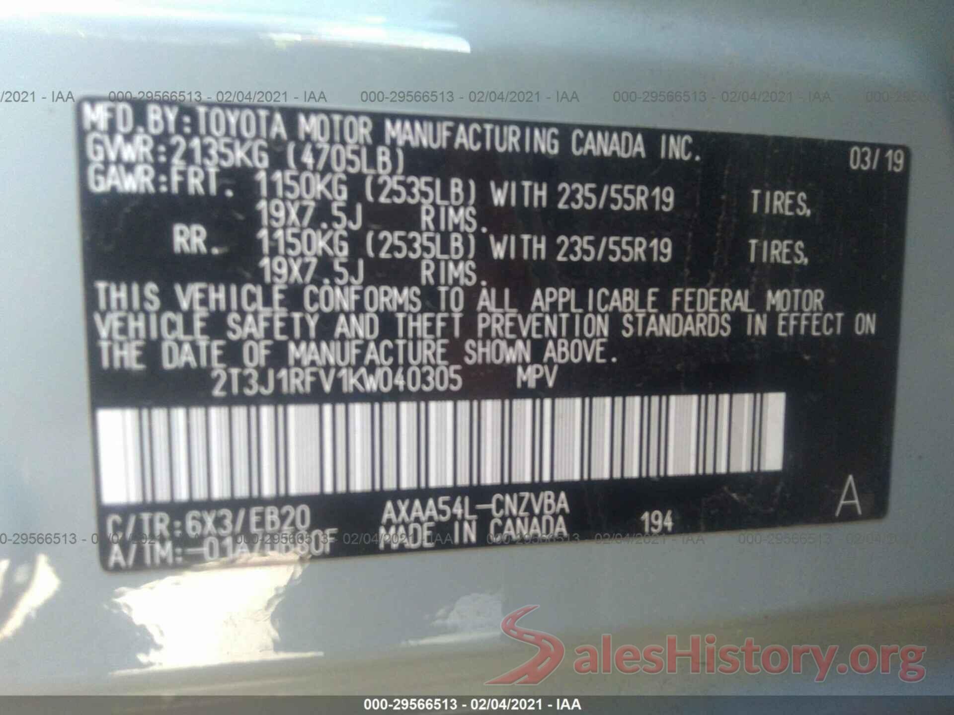 2T3J1RFV1KW040305 2019 TOYOTA RAV4