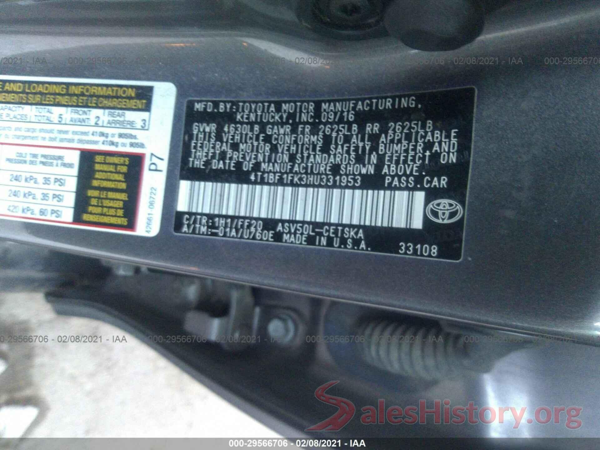 4T1BF1FK3HU331953 2017 TOYOTA CAMRY