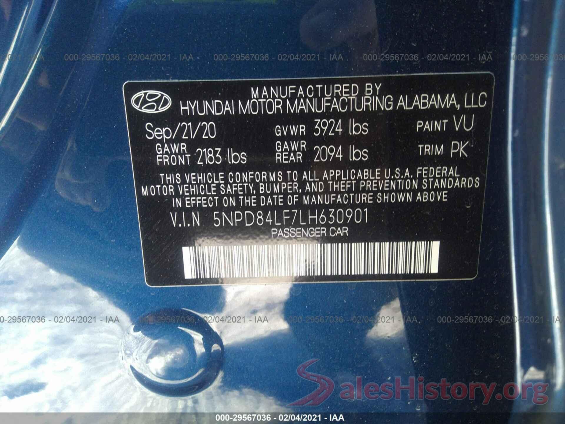 5NPD84LF7LH630901 2020 HYUNDAI ELANTRA