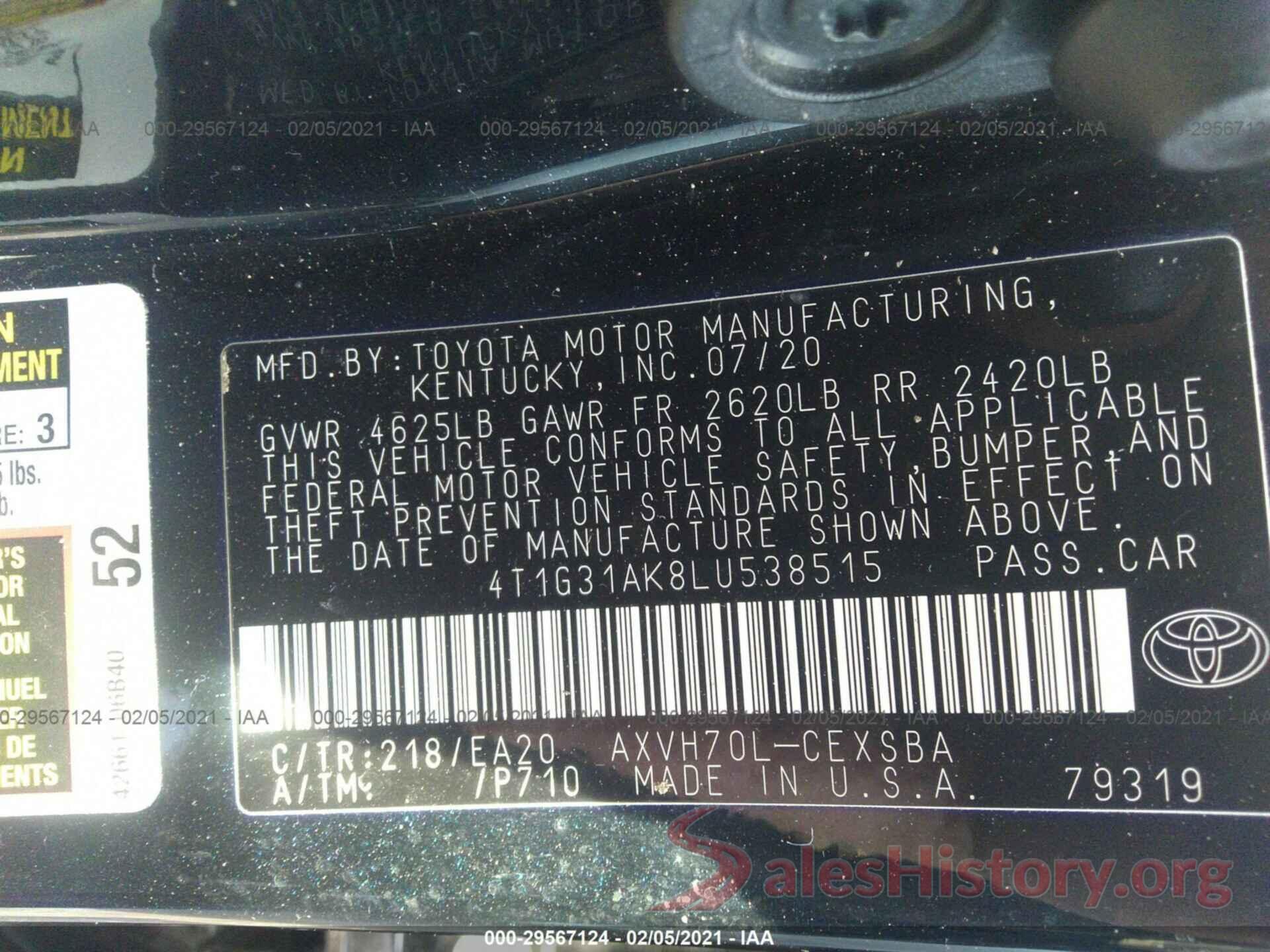 4T1G31AK8LU538515 2020 TOYOTA CAMRY