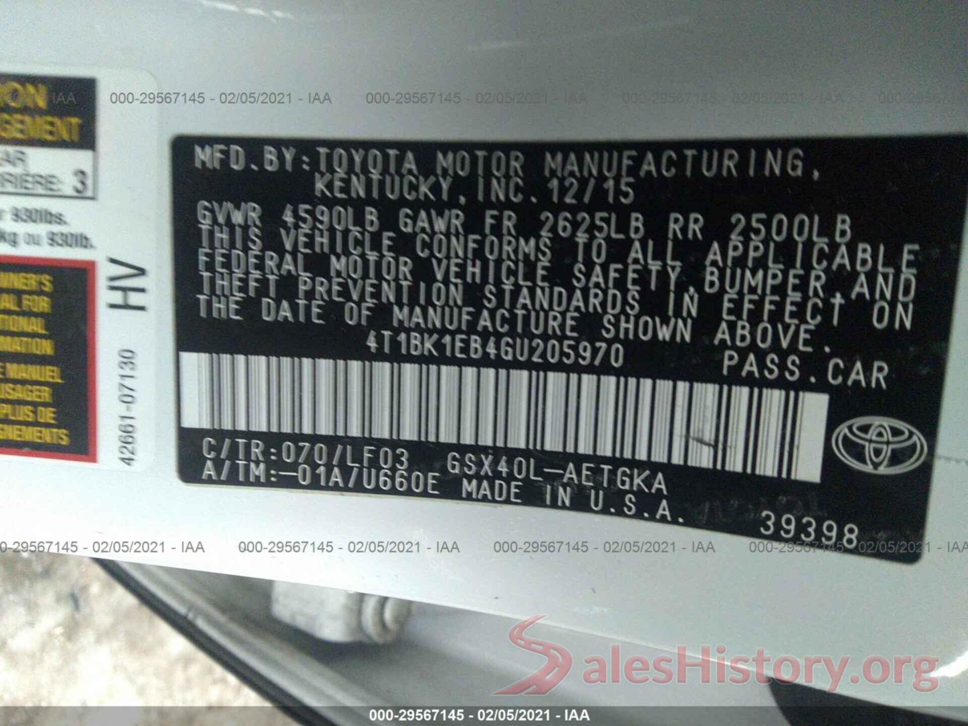 4T1BK1EB4GU205970 2016 TOYOTA AVALON