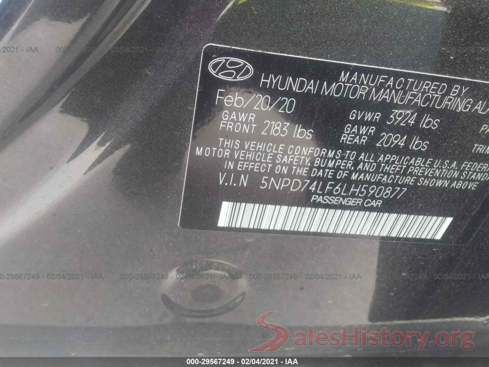 5NPD74LF6LH590877 2020 HYUNDAI ELANTRA