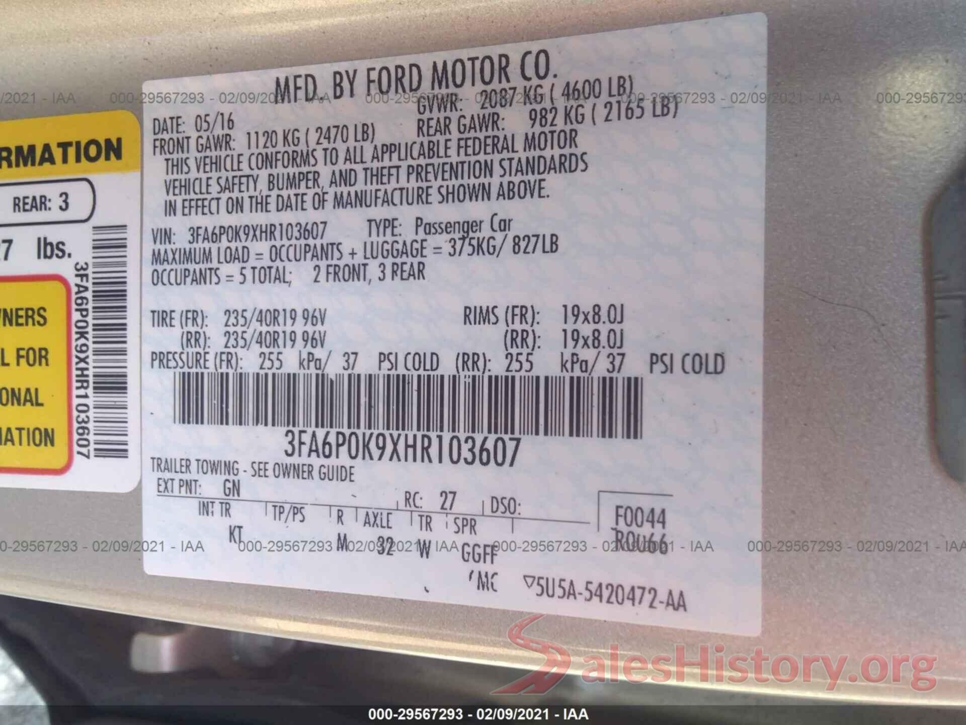 3FA6P0K9XHR103607 2017 FORD FUSION