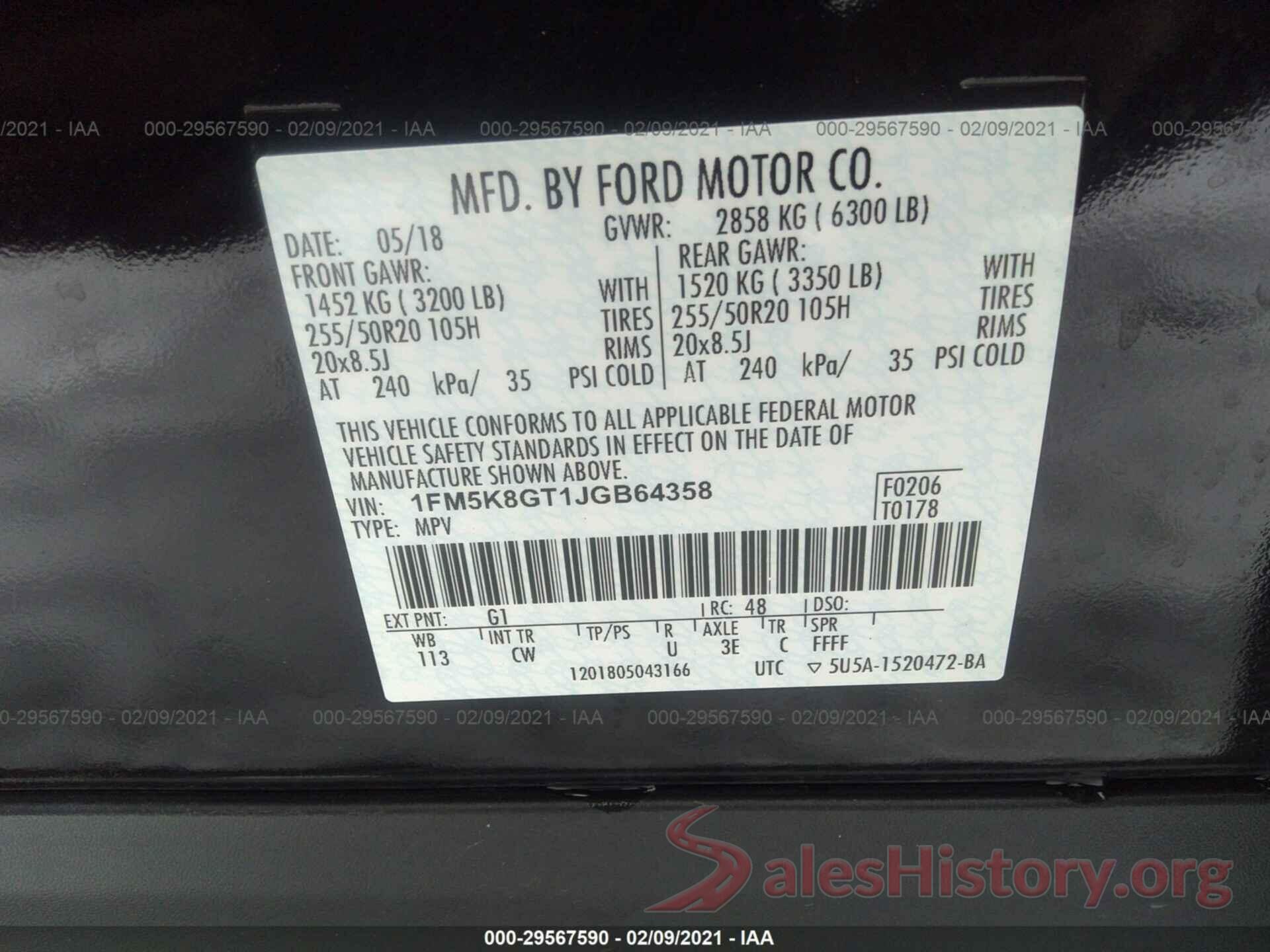 1FM5K8GT1JGB64358 2018 FORD EXPLORER