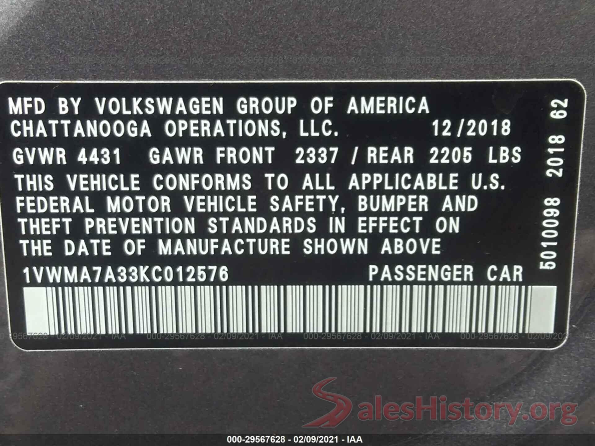 1VWMA7A33KC012576 2019 VOLKSWAGEN PASSAT