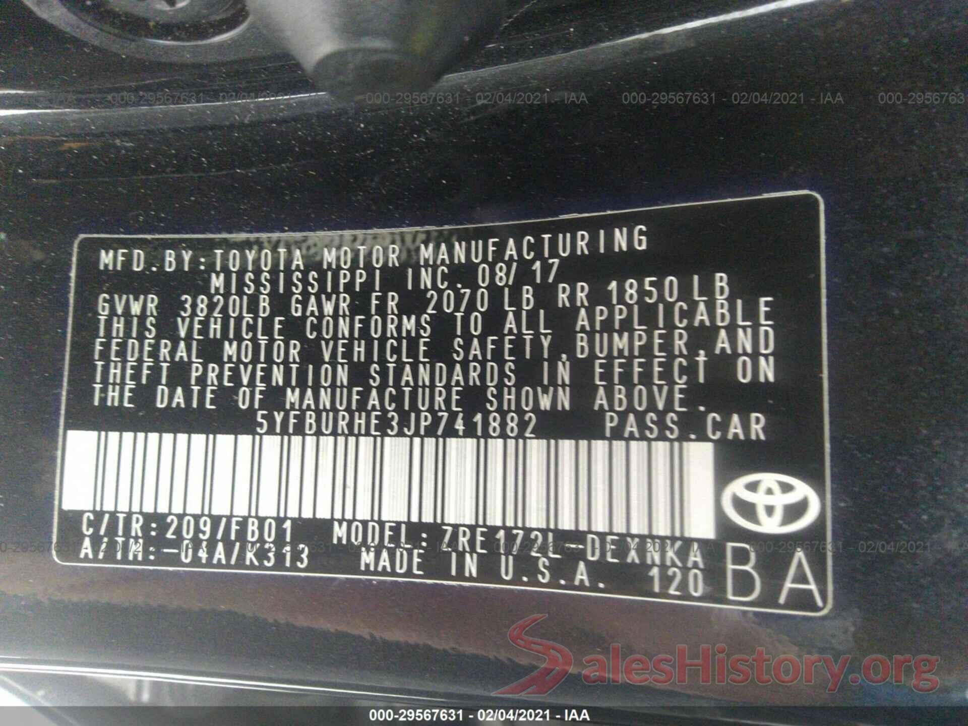 5YFBURHE3JP741882 2018 TOYOTA COROLLA