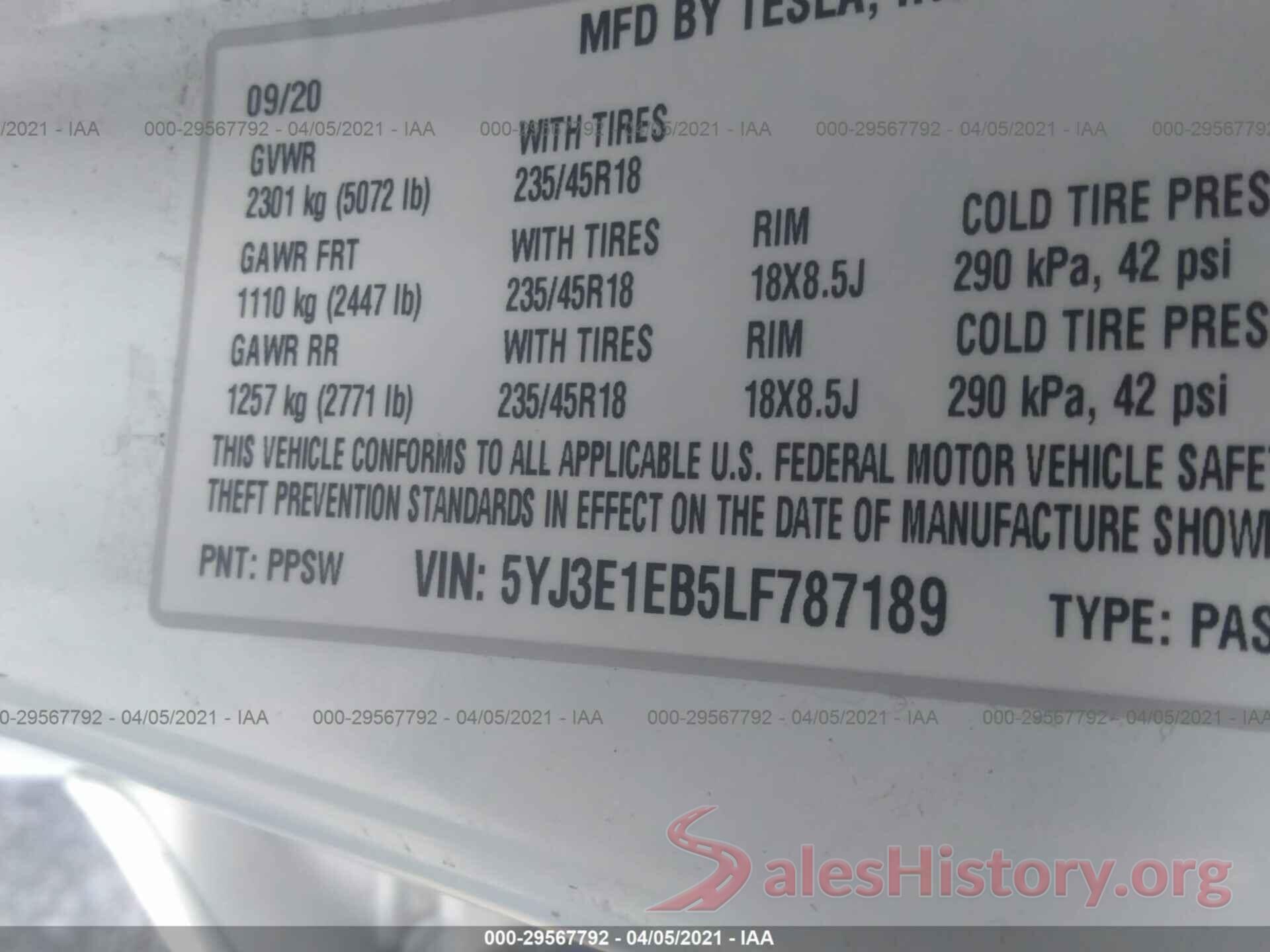 5YJ3E1EB5LF787189 2020 TESLA MODEL 3