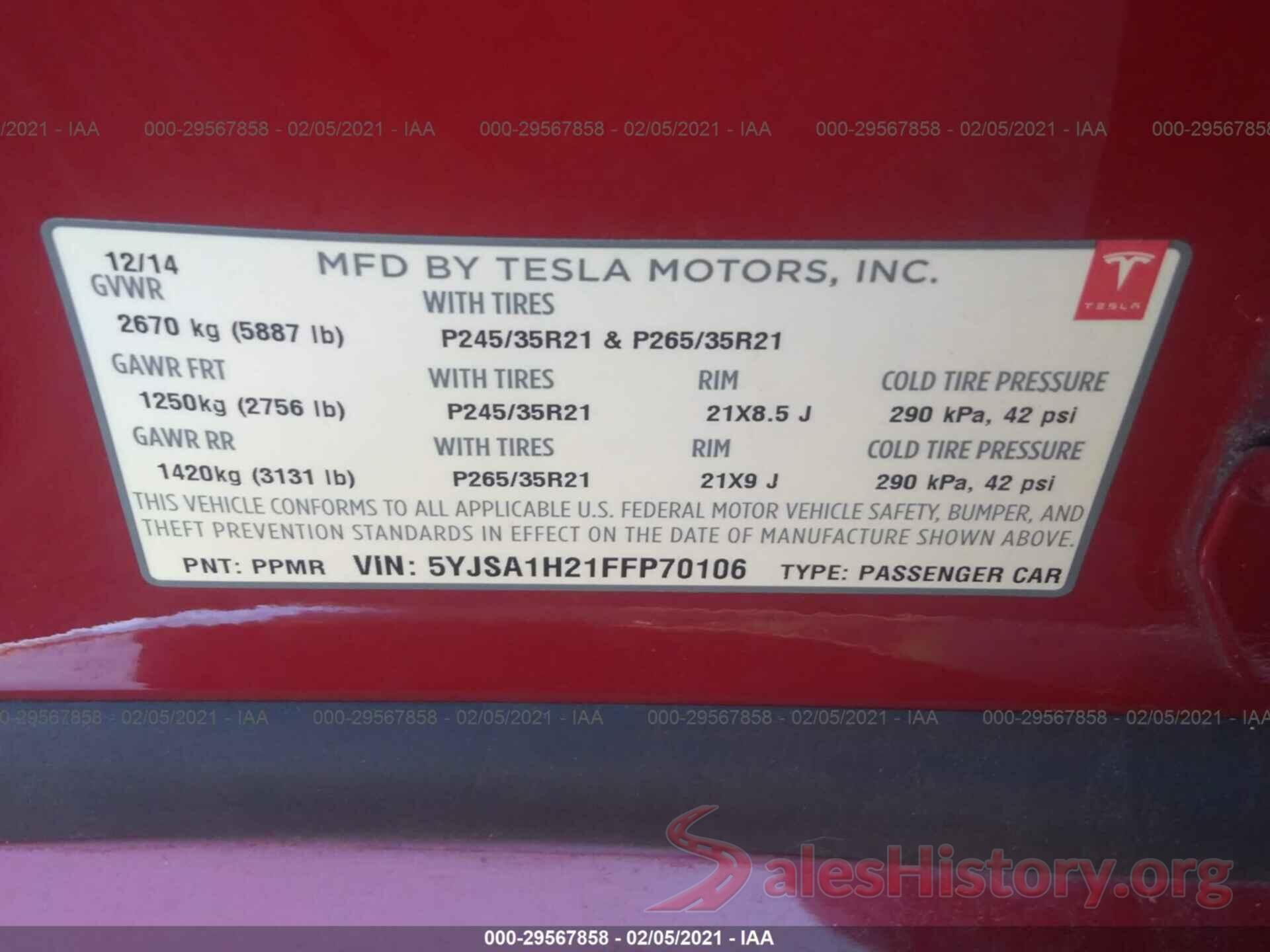 5YJSA1H21FFP70106 2015 TESLA MODEL S