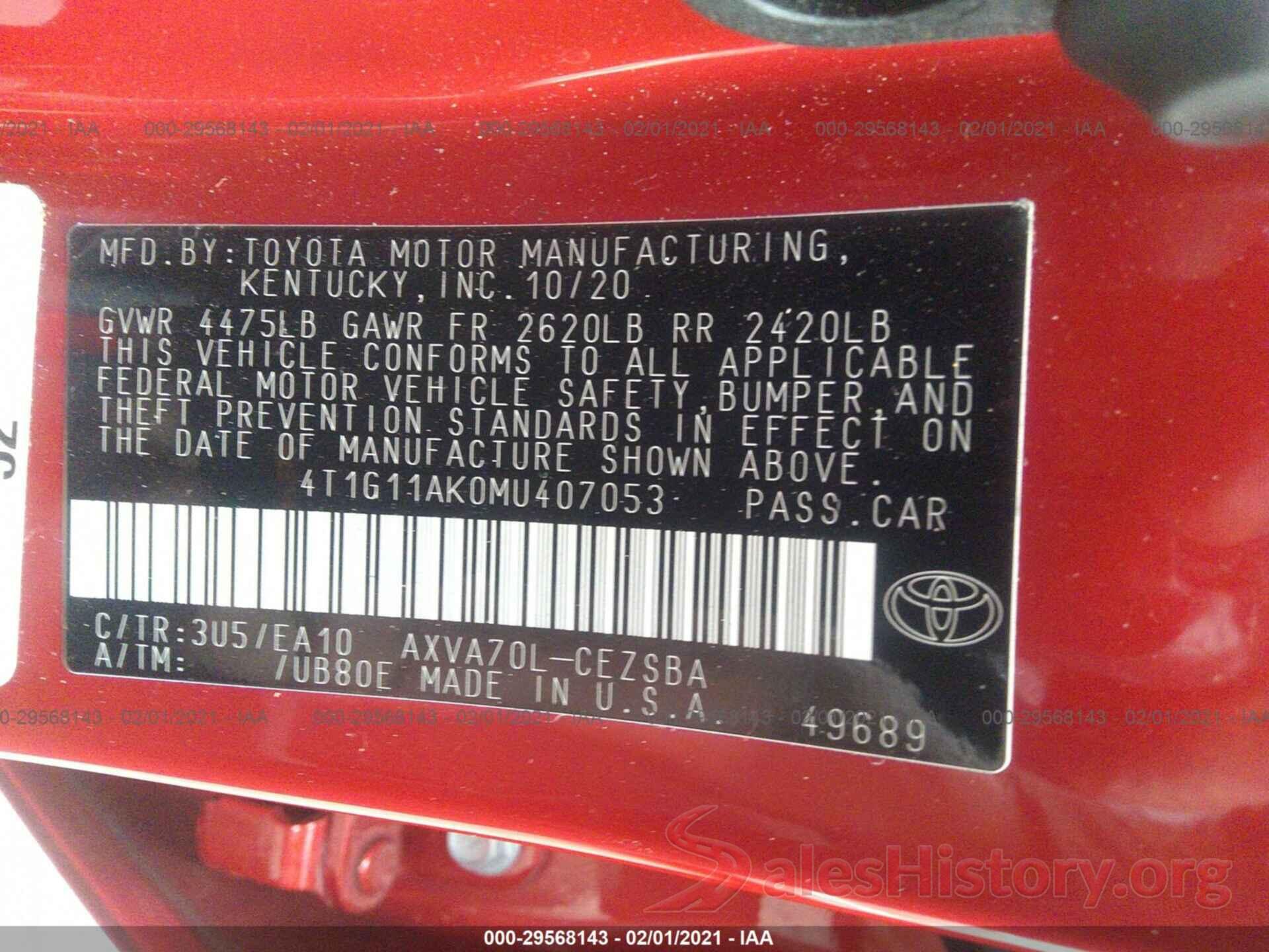 4T1G11AK0MU407053 2021 TOYOTA CAMRY