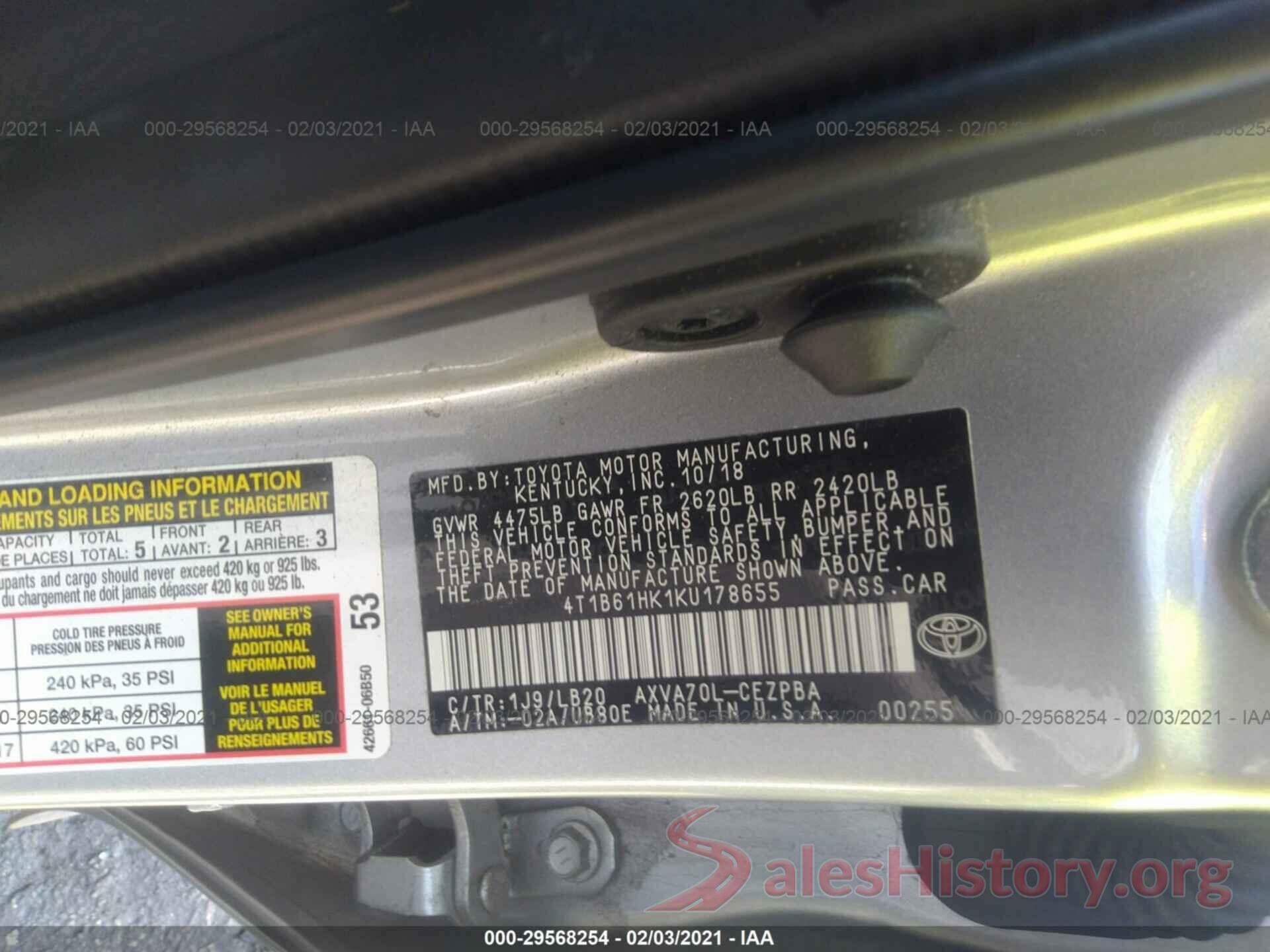 4T1B61HK1KU178655 2019 TOYOTA CAMRY