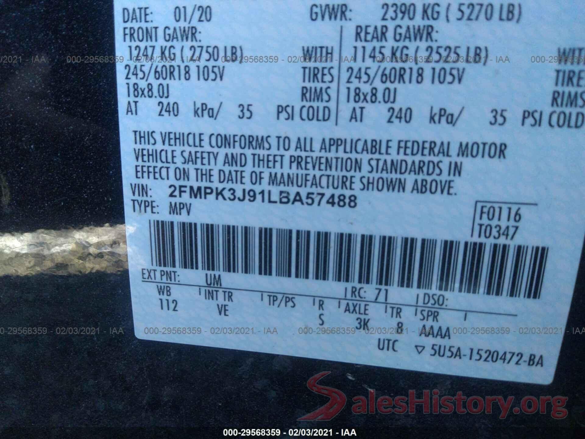 2FMPK3J91LBA57488 2020 FORD EDGE