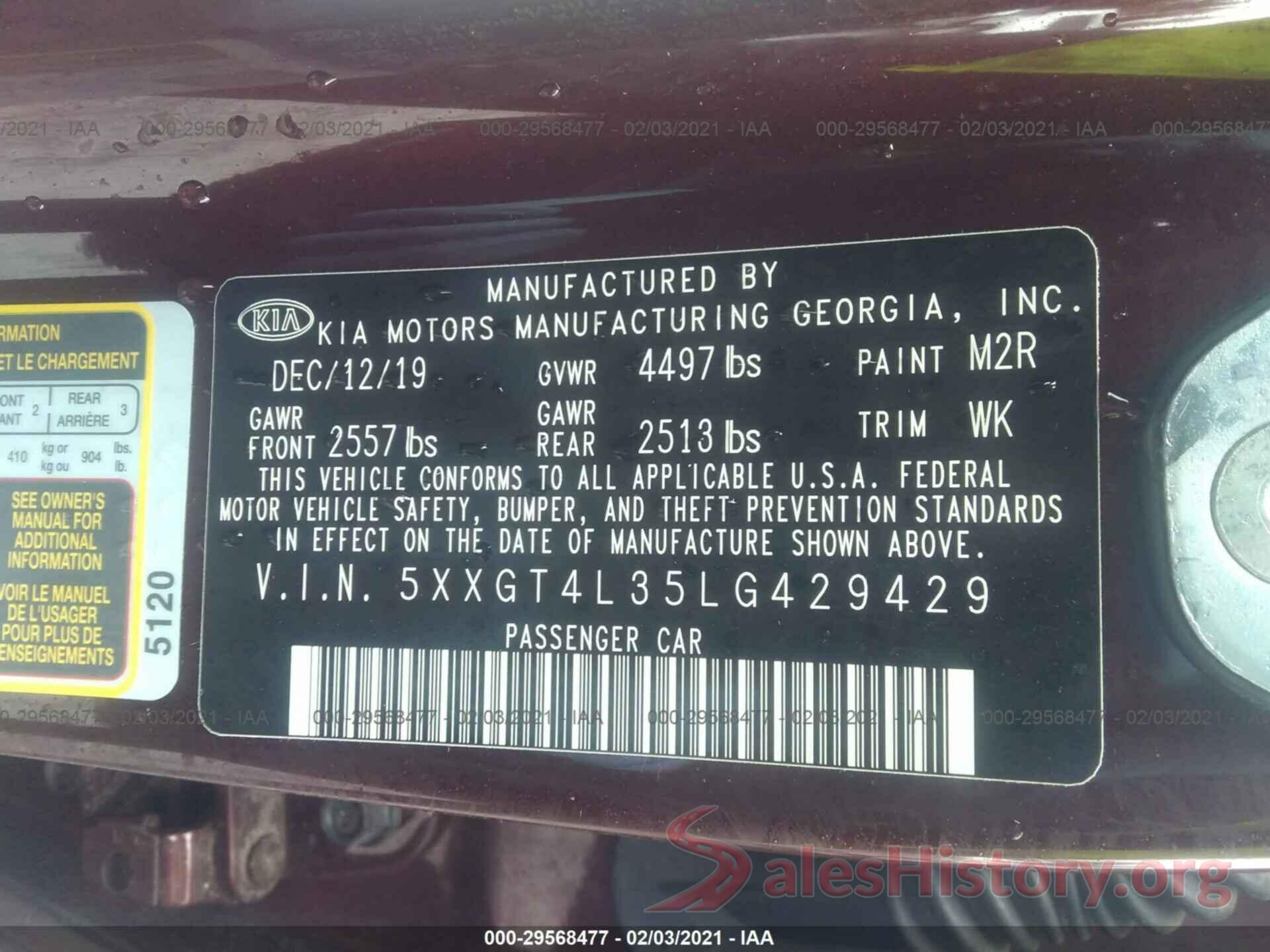 5XXGT4L35LG429429 2020 KIA OPTIMA