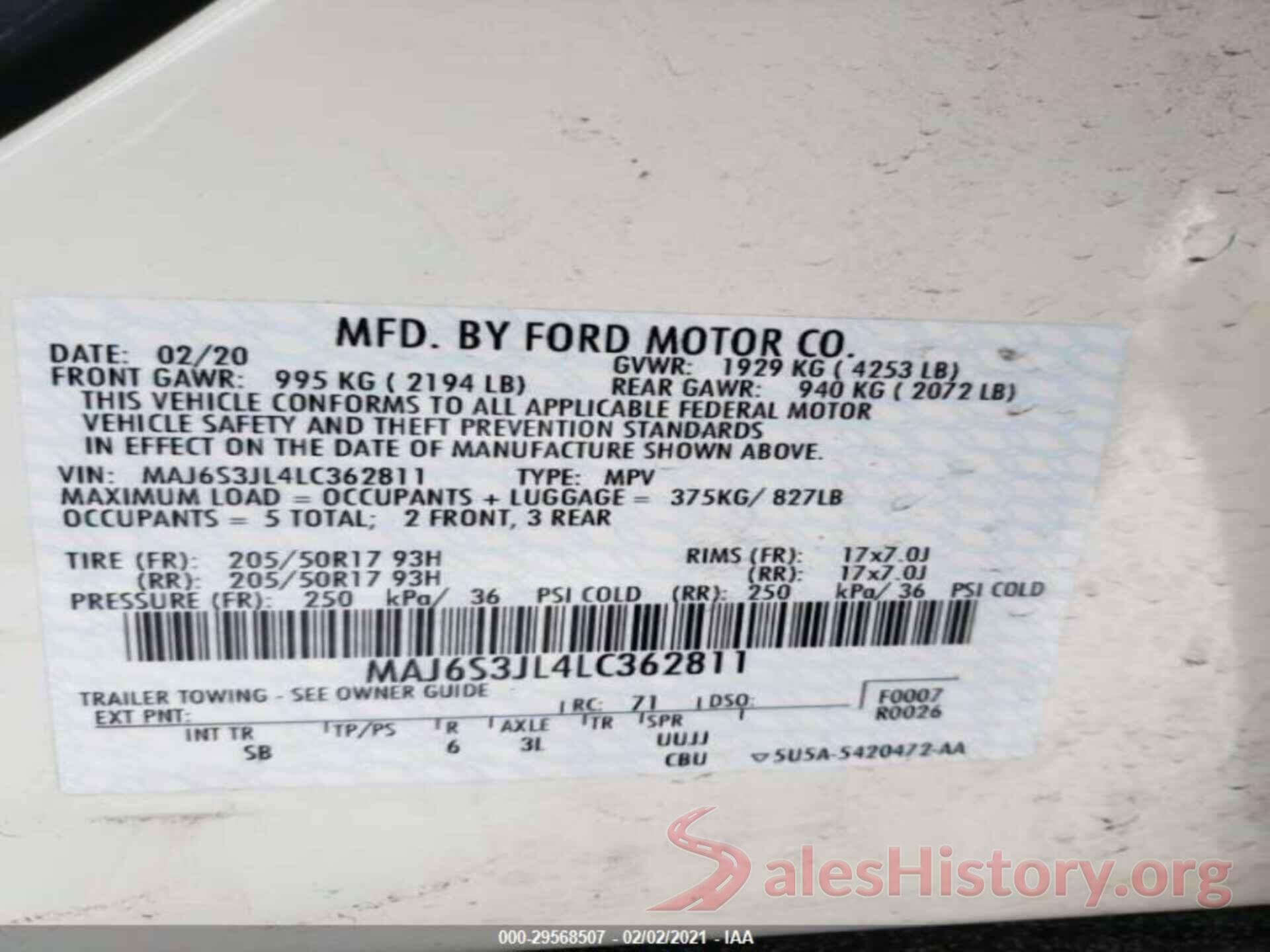 MAJ6S3JL4LC362811 2020 FORD ECOSPORT