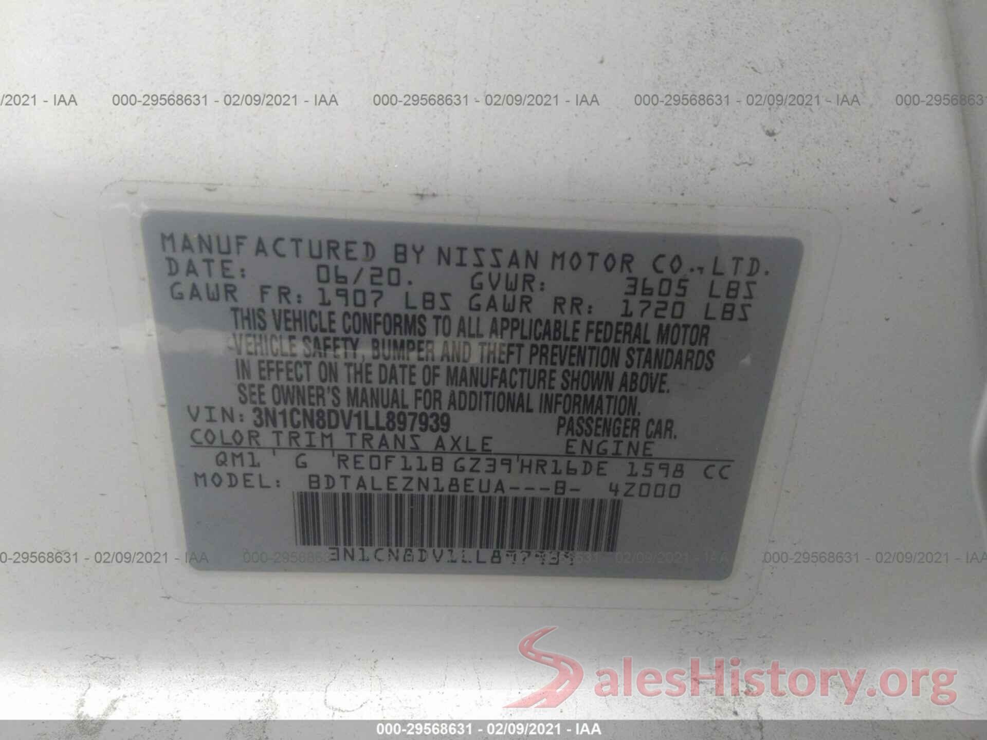 3N1CN8DV1LL897939 2020 NISSAN VERSA