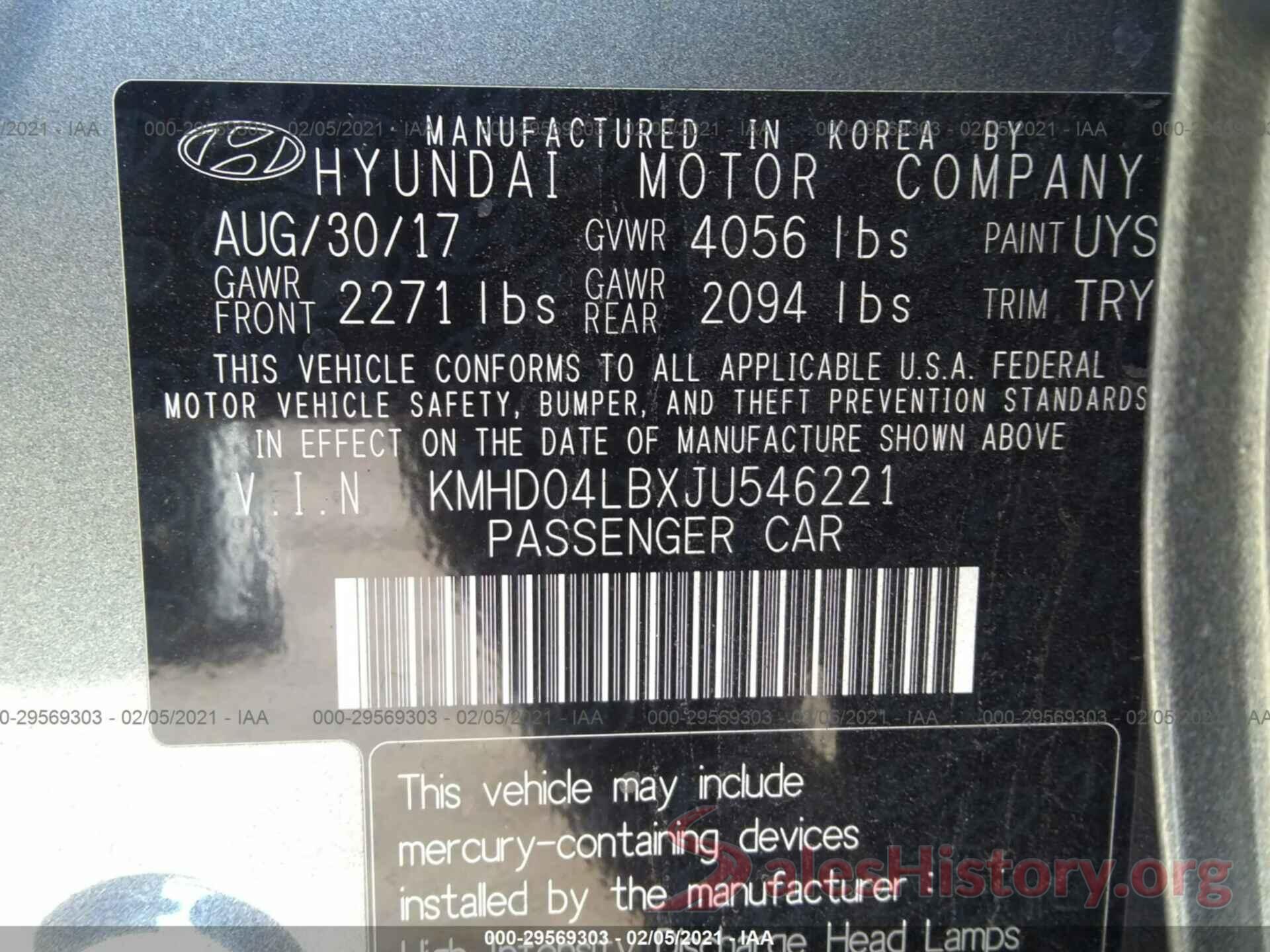 KMHD04LBXJU546221 2018 HYUNDAI ELANTRA