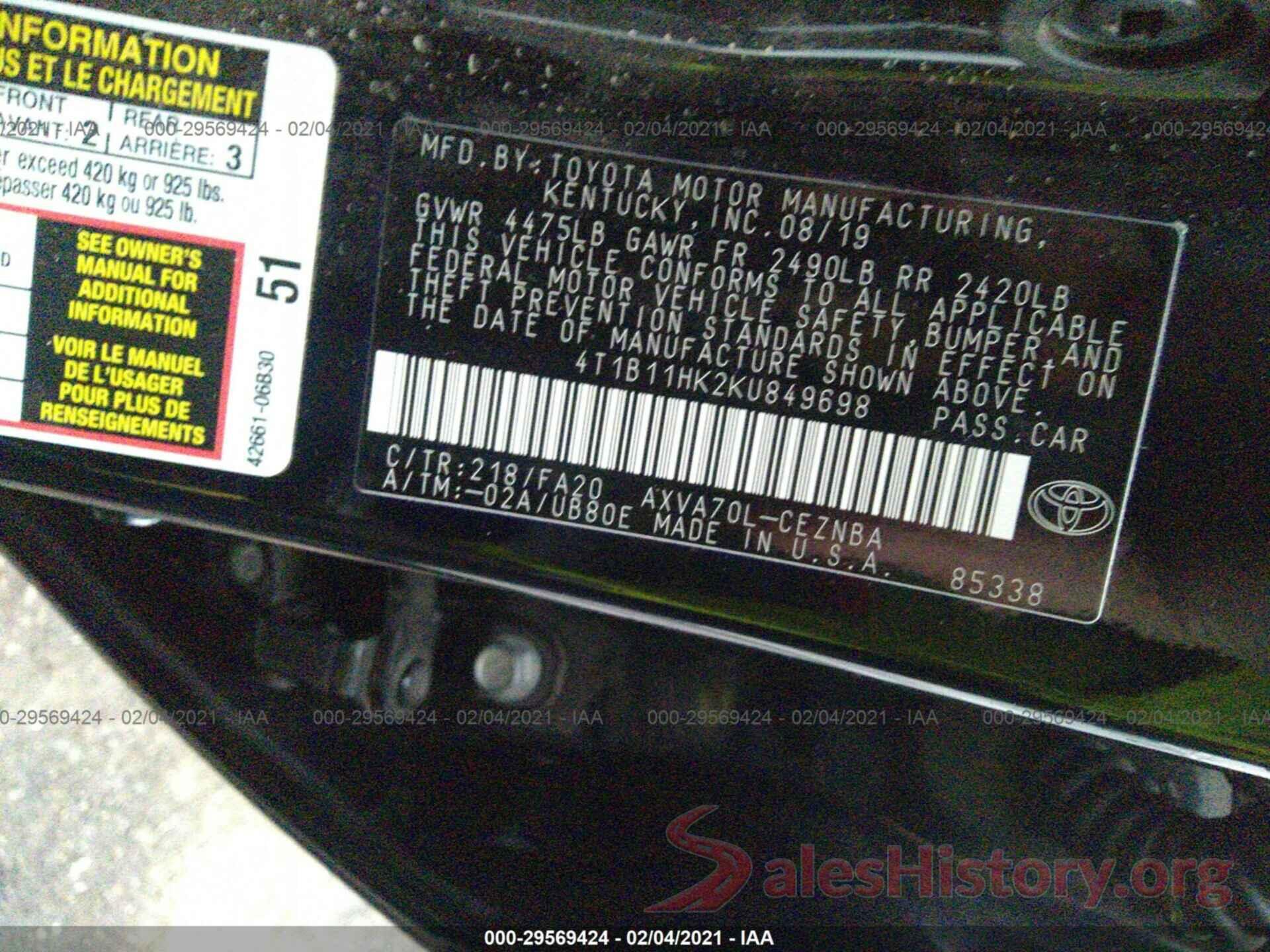 4T1B11HK2KU849698 2019 TOYOTA CAMRY