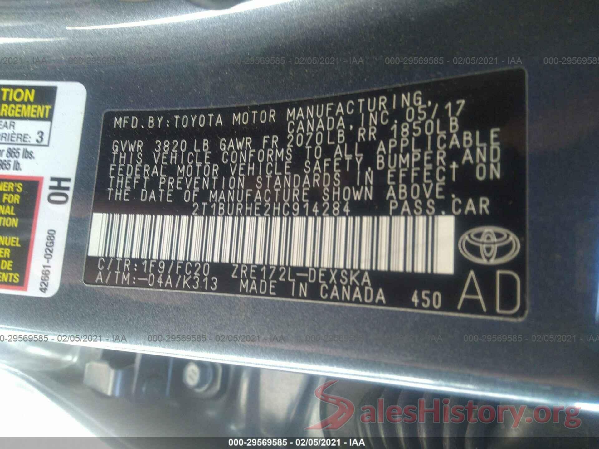 2T1BURHE2HC914284 2017 TOYOTA COROLLA