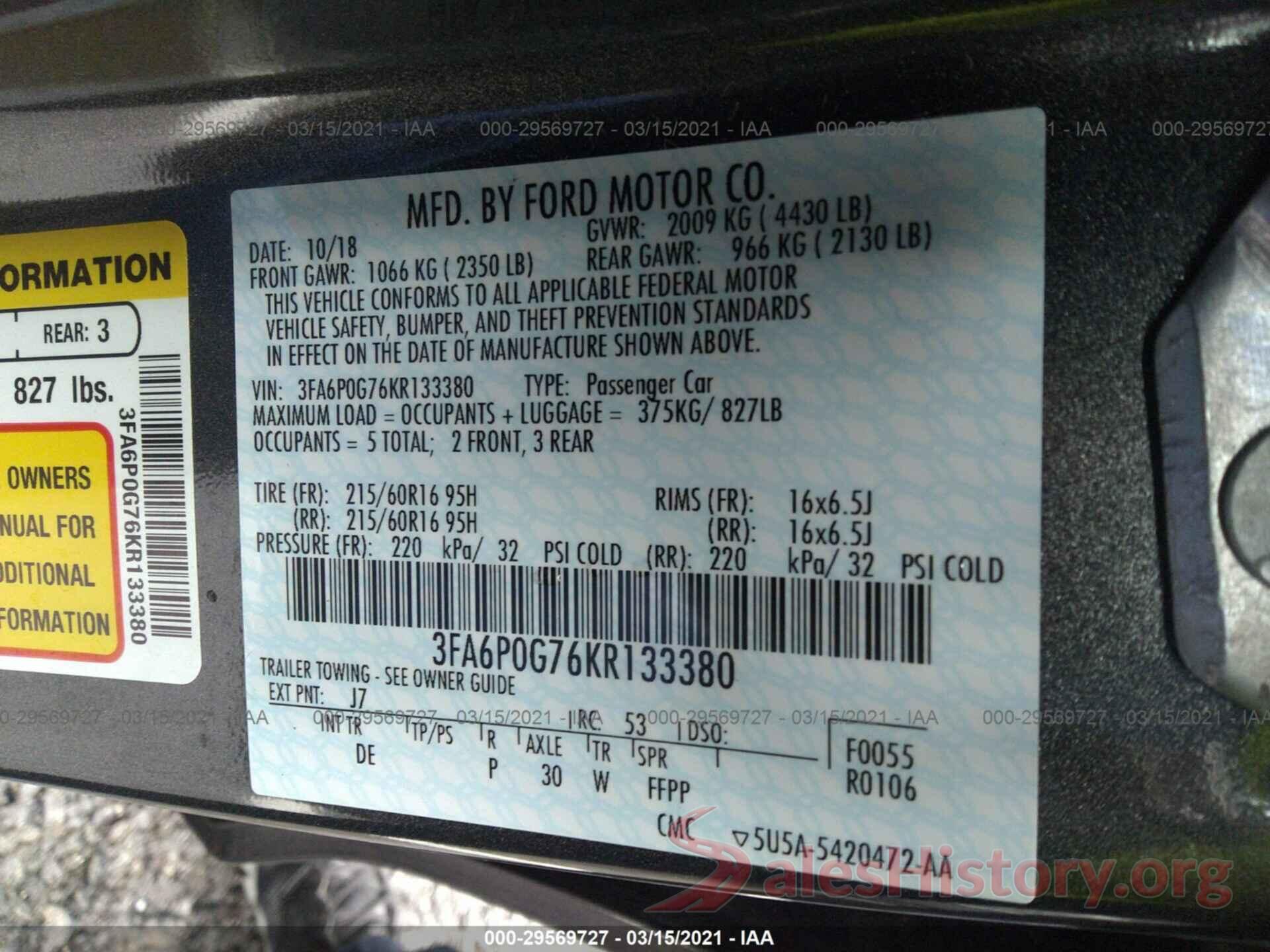 3FA6P0G76KR133380 2019 FORD FUSION