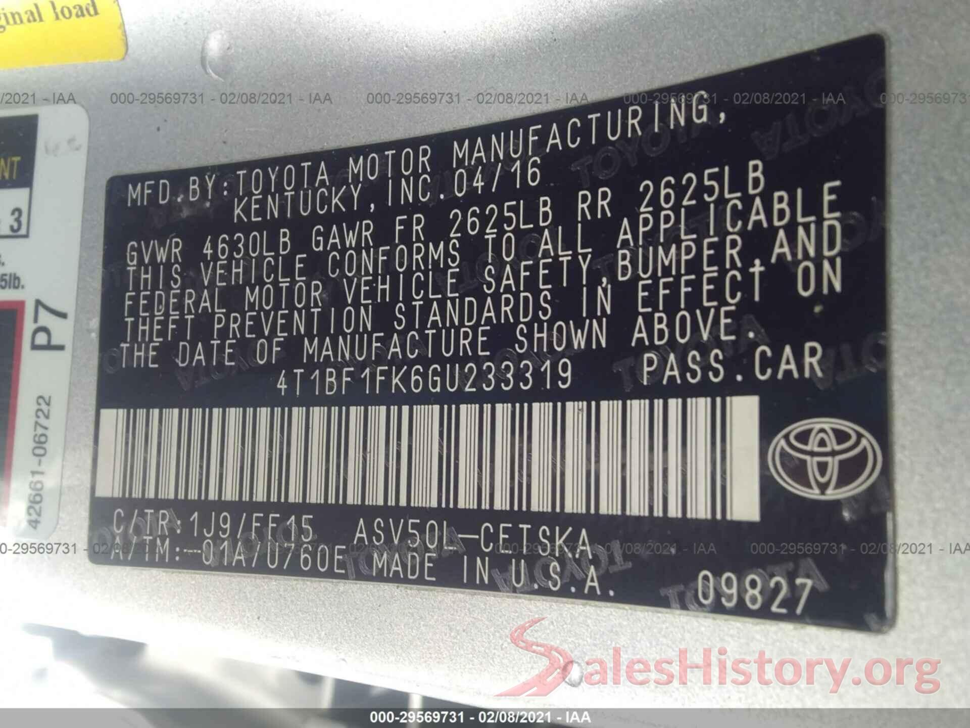 4T1BF1FK6GU233319 2016 TOYOTA CAMRY