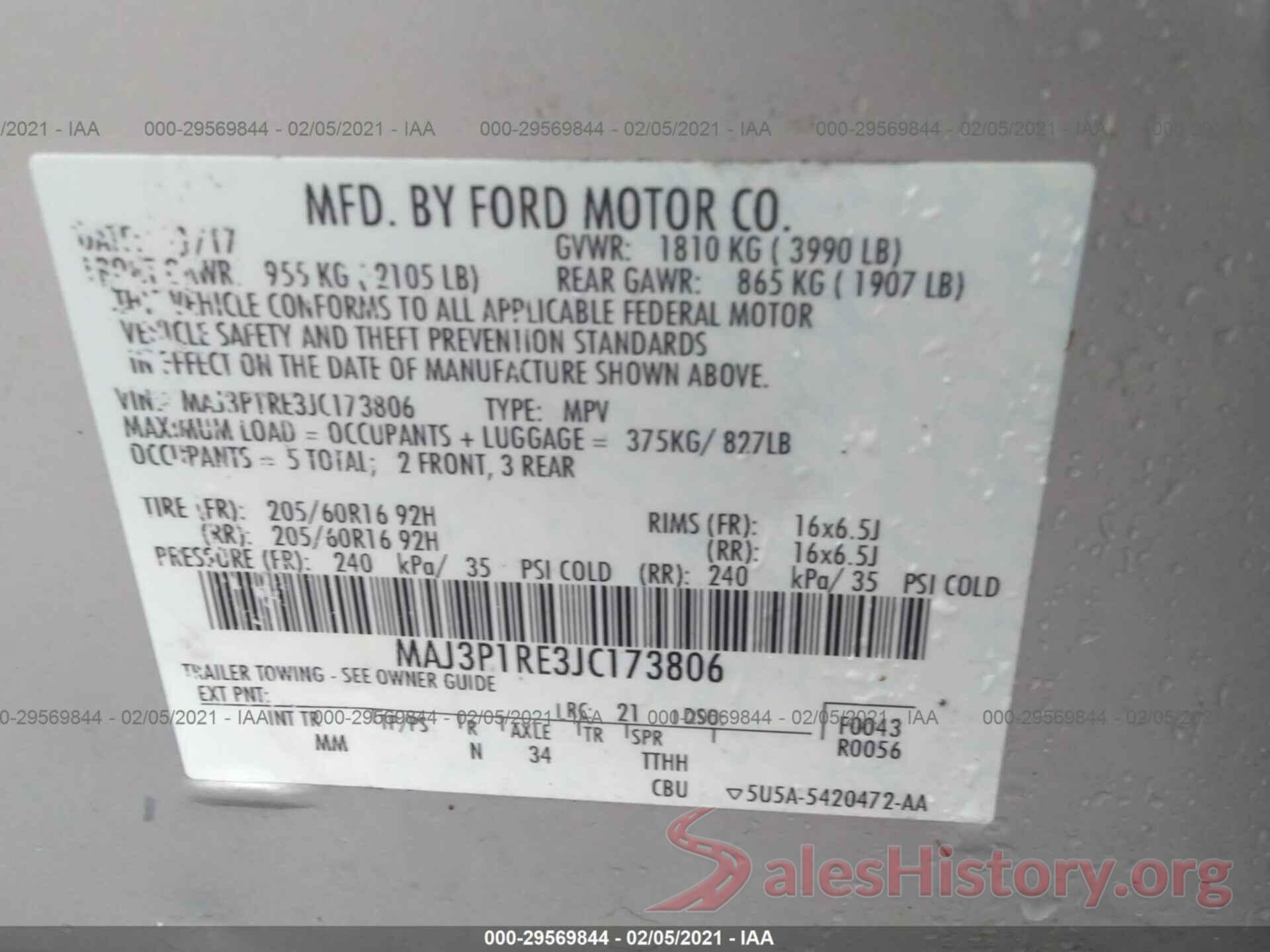 MAJ3P1RE3JC173806 2018 FORD ECOSPORT