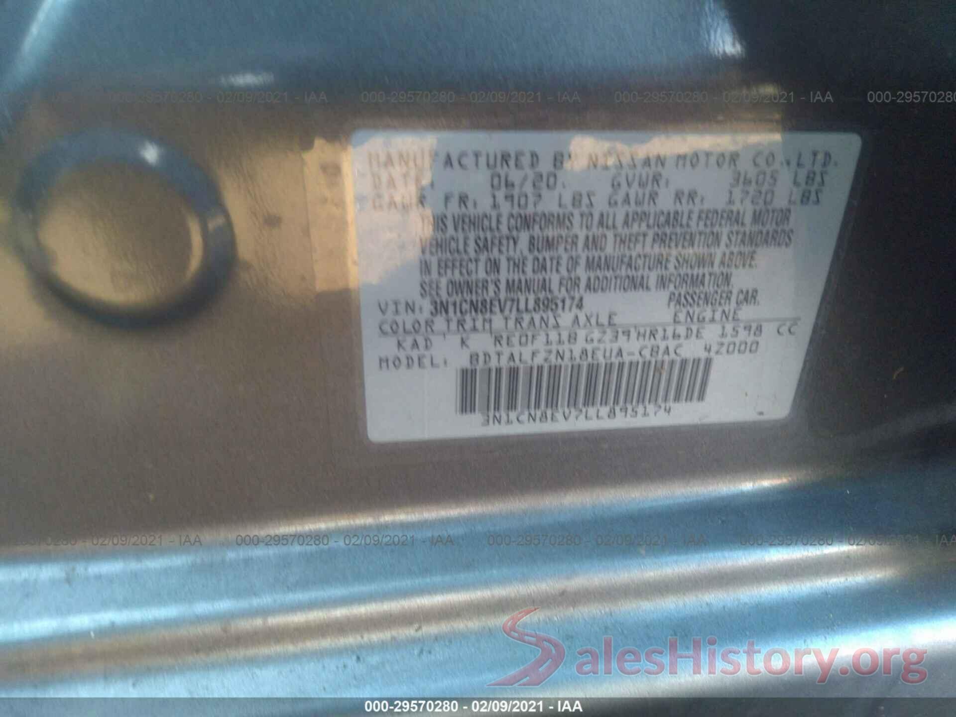 3N1CN8EV7LL895174 2020 NISSAN VERSA