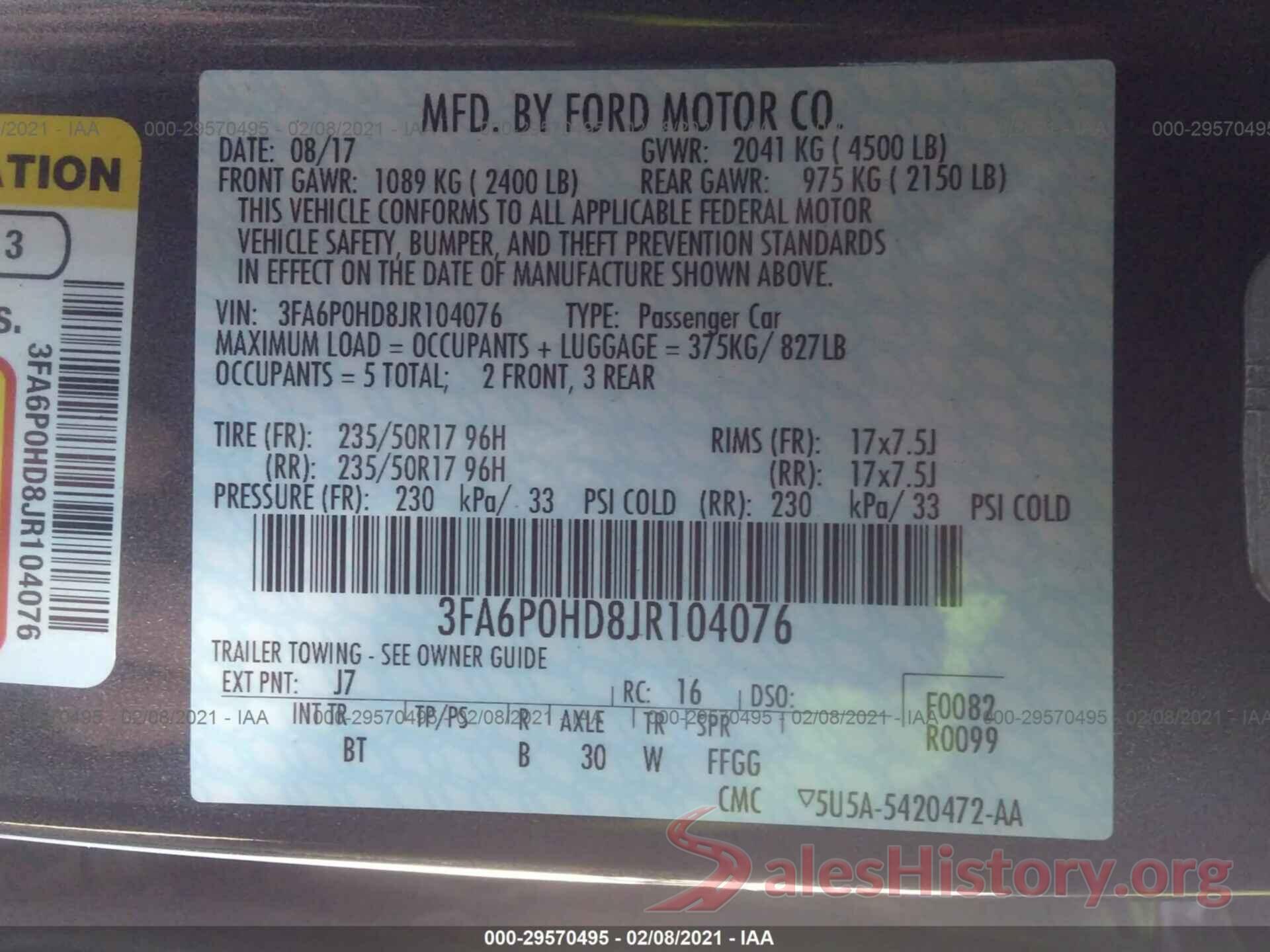 3FA6P0HD8JR104076 2018 FORD FUSION