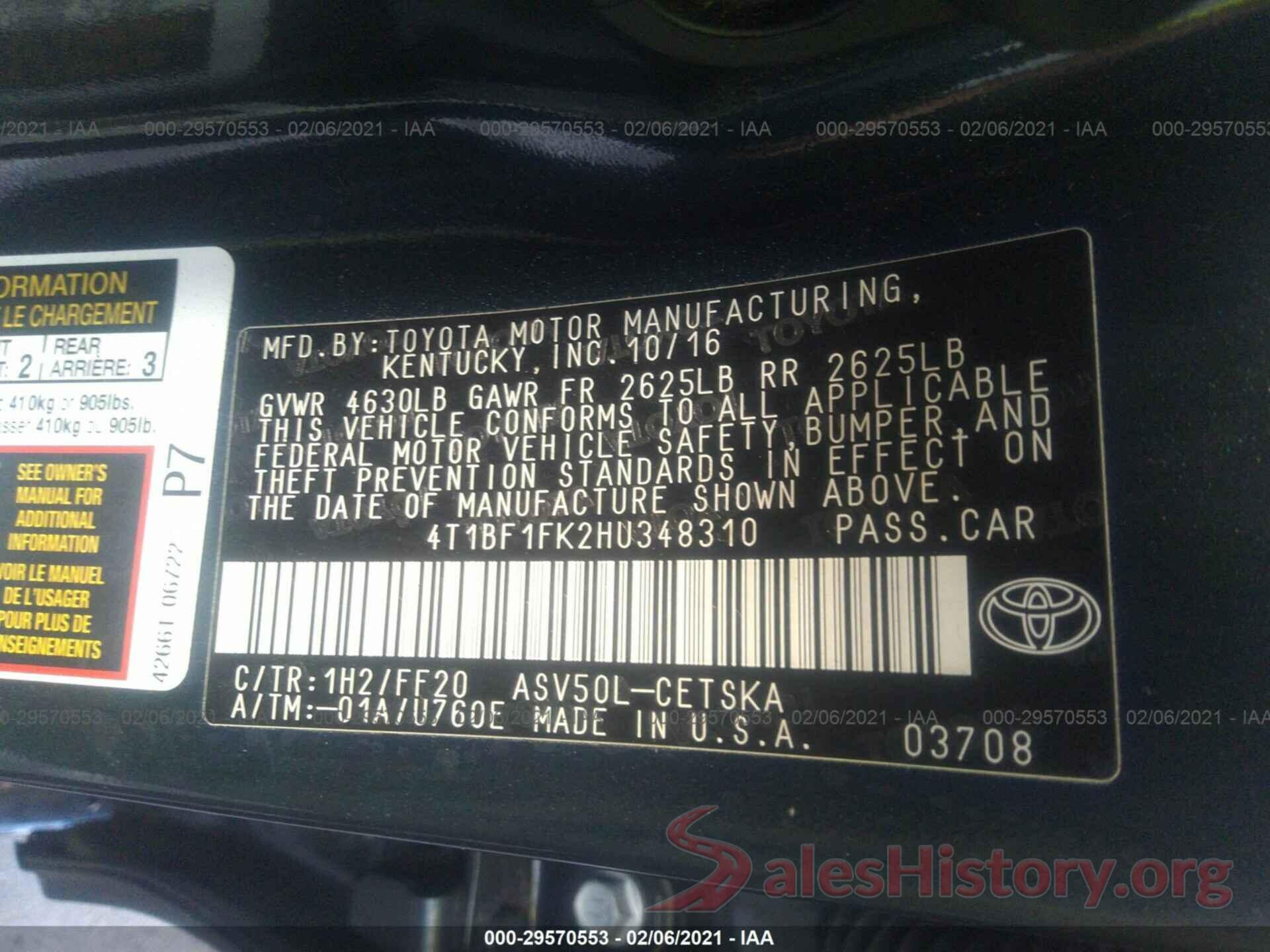 4T1BF1FK2HU348310 2017 TOYOTA CAMRY