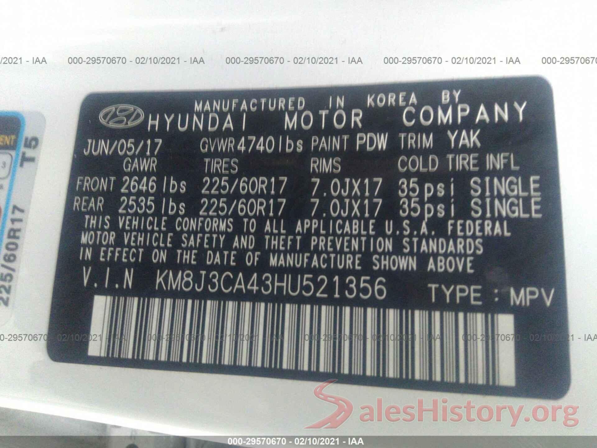 KM8J3CA43HU521356 2017 HYUNDAI TUCSON