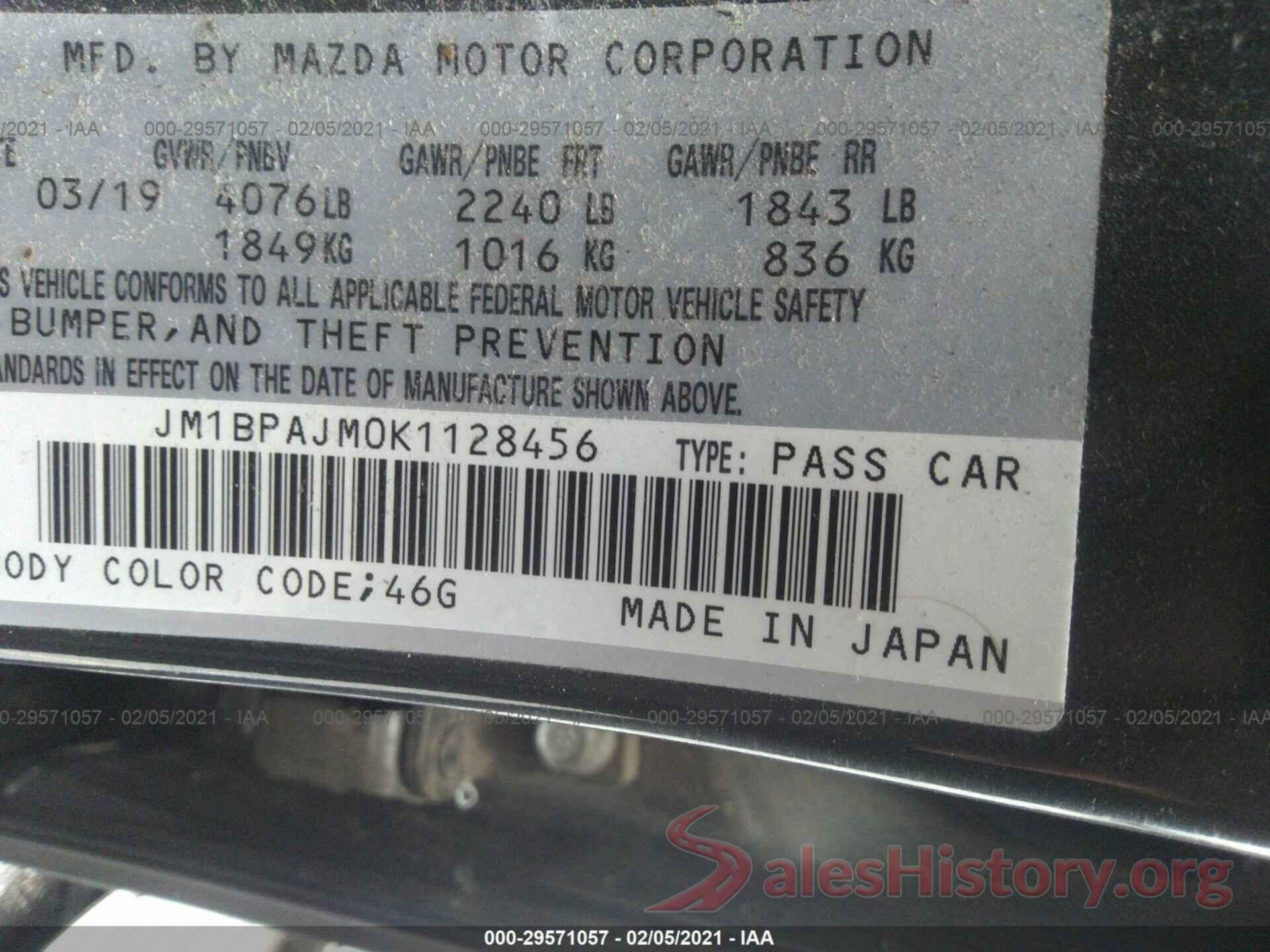 JM1BPAJM0K1128456 2019 MAZDA MAZDA3 HATCHBACK