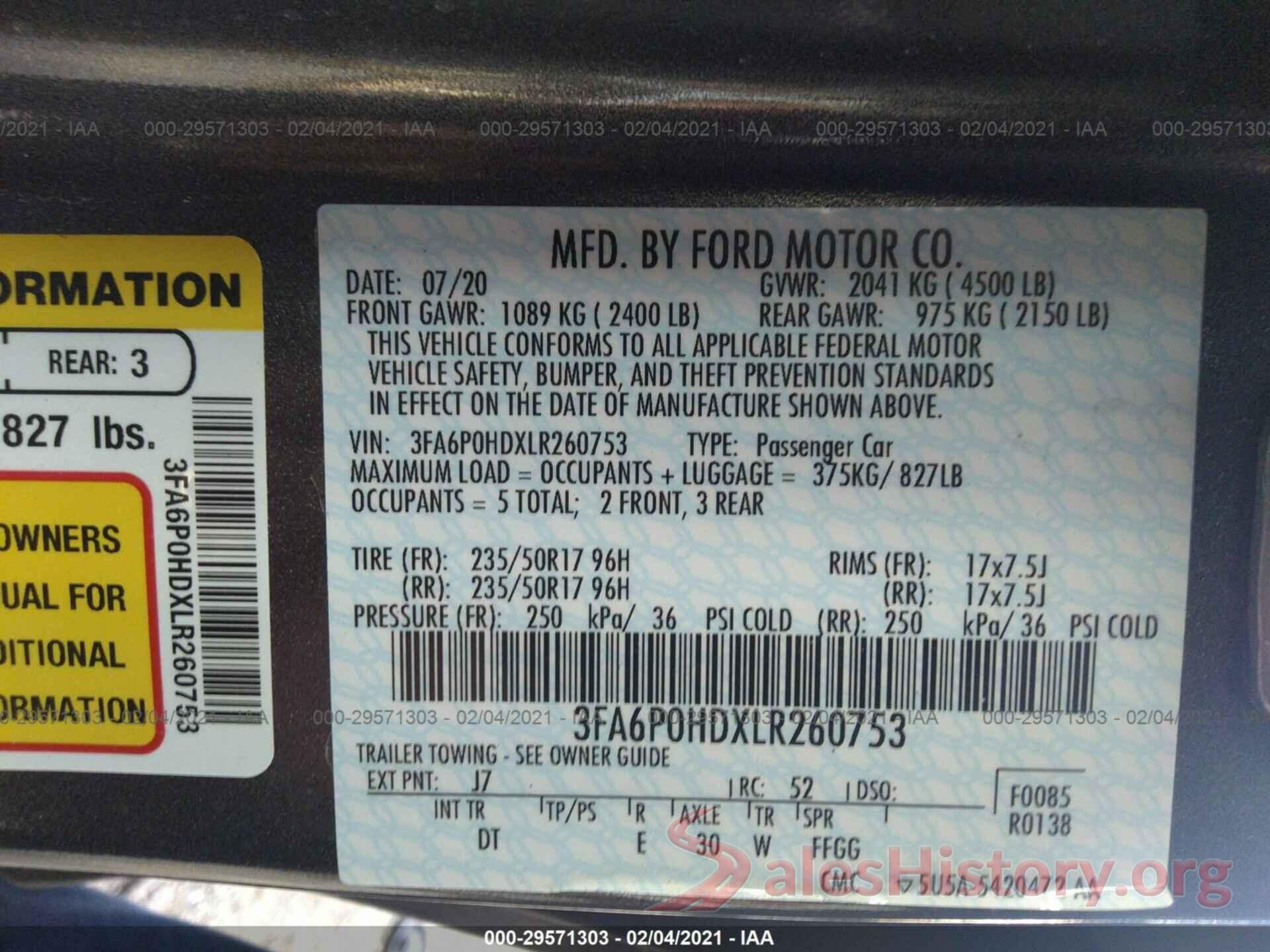 3FA6P0HDXLR260753 2020 FORD FUSION