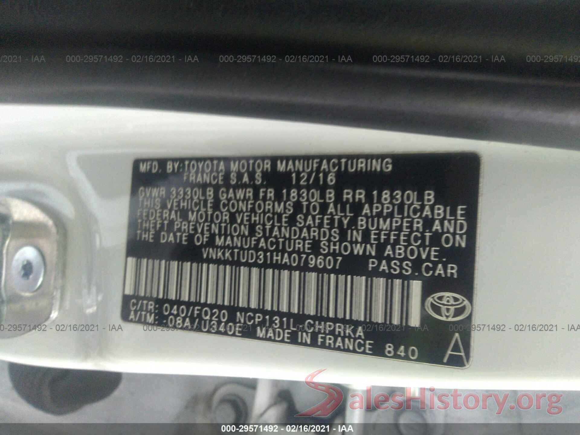 VNKKTUD31HA079607 2017 TOYOTA YARIS