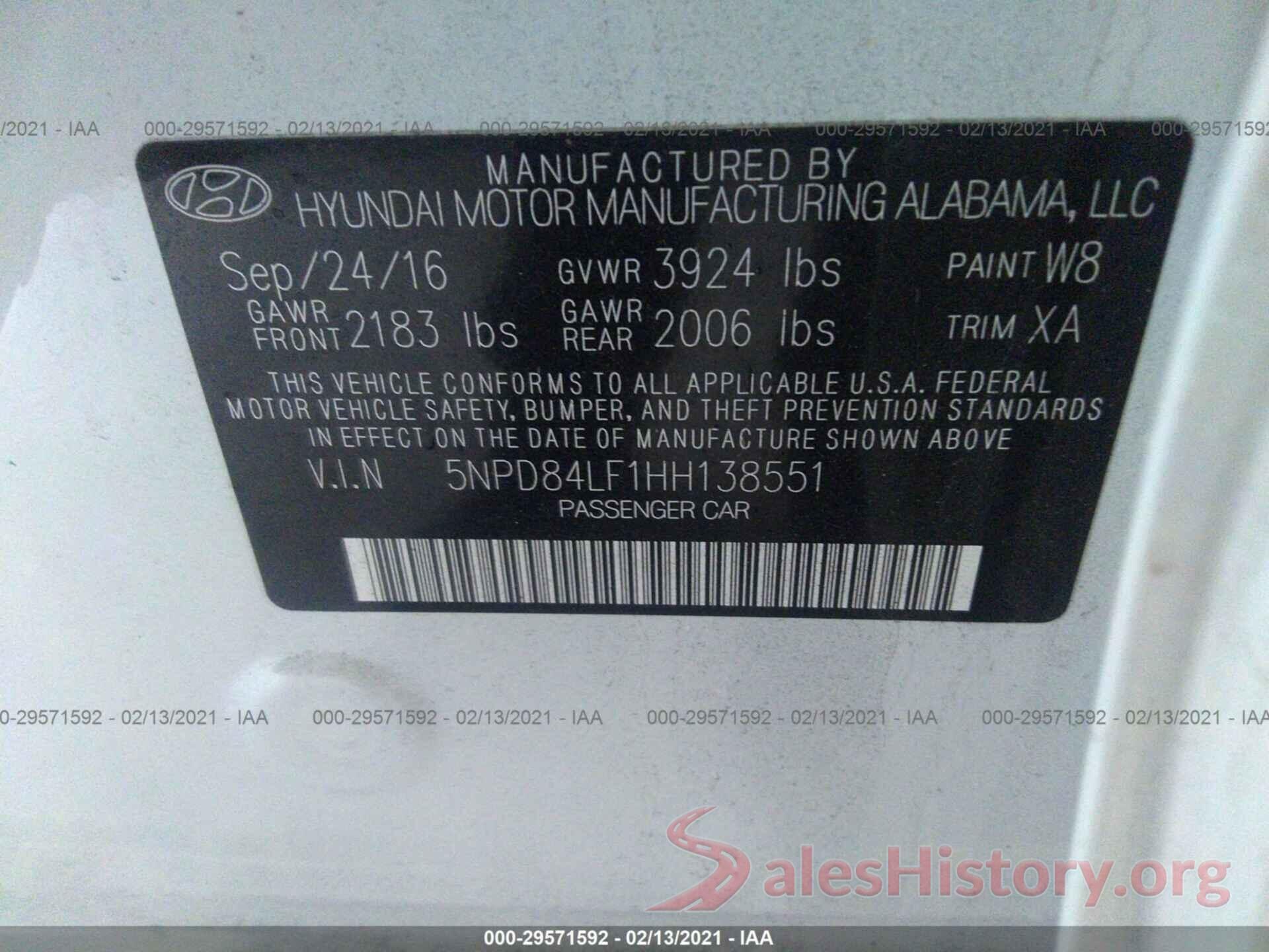 5NPD84LF1HH138551 2017 HYUNDAI ELANTRA