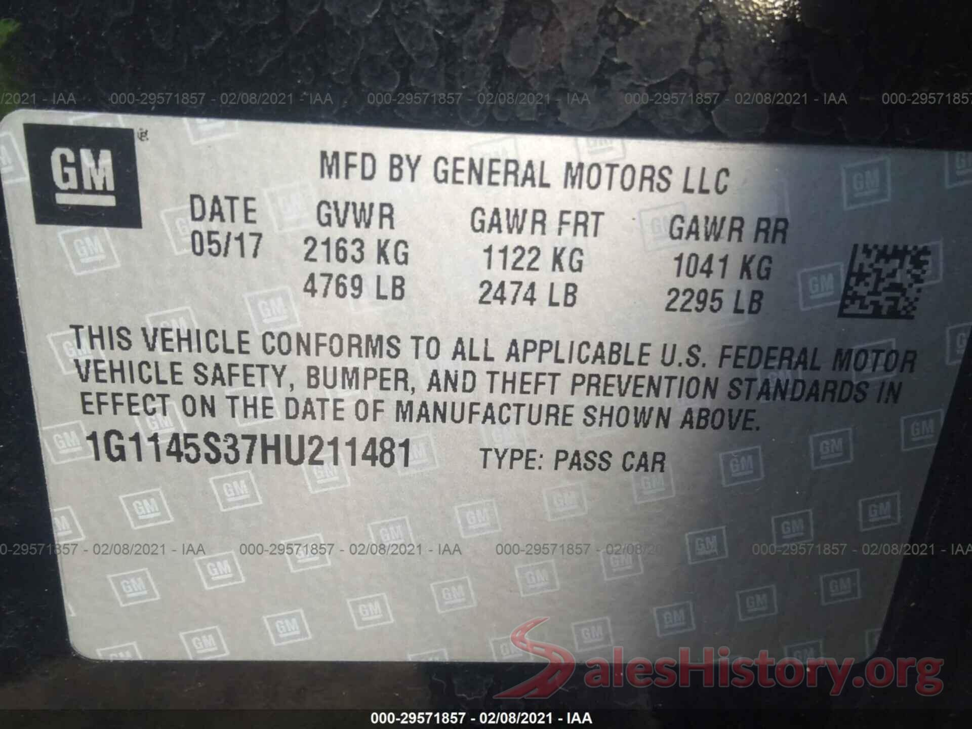 1G1145S37HU211481 2017 CHEVROLET IMPALA