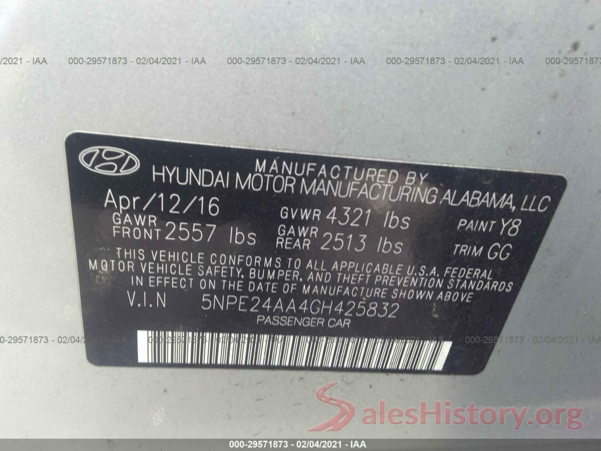 5NPE24AA4GH425832 2016 HYUNDAI SONATA