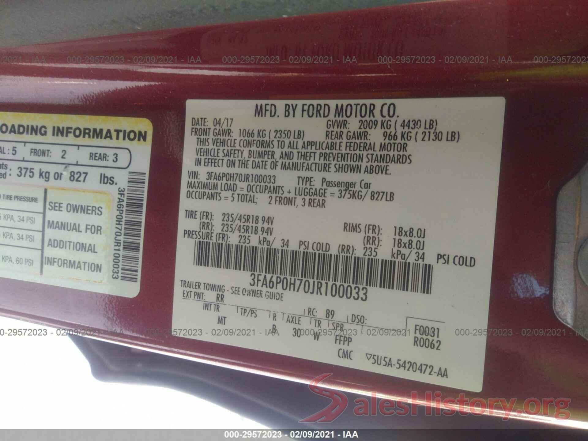 3FA6P0H70JR100033 2018 FORD FUSION