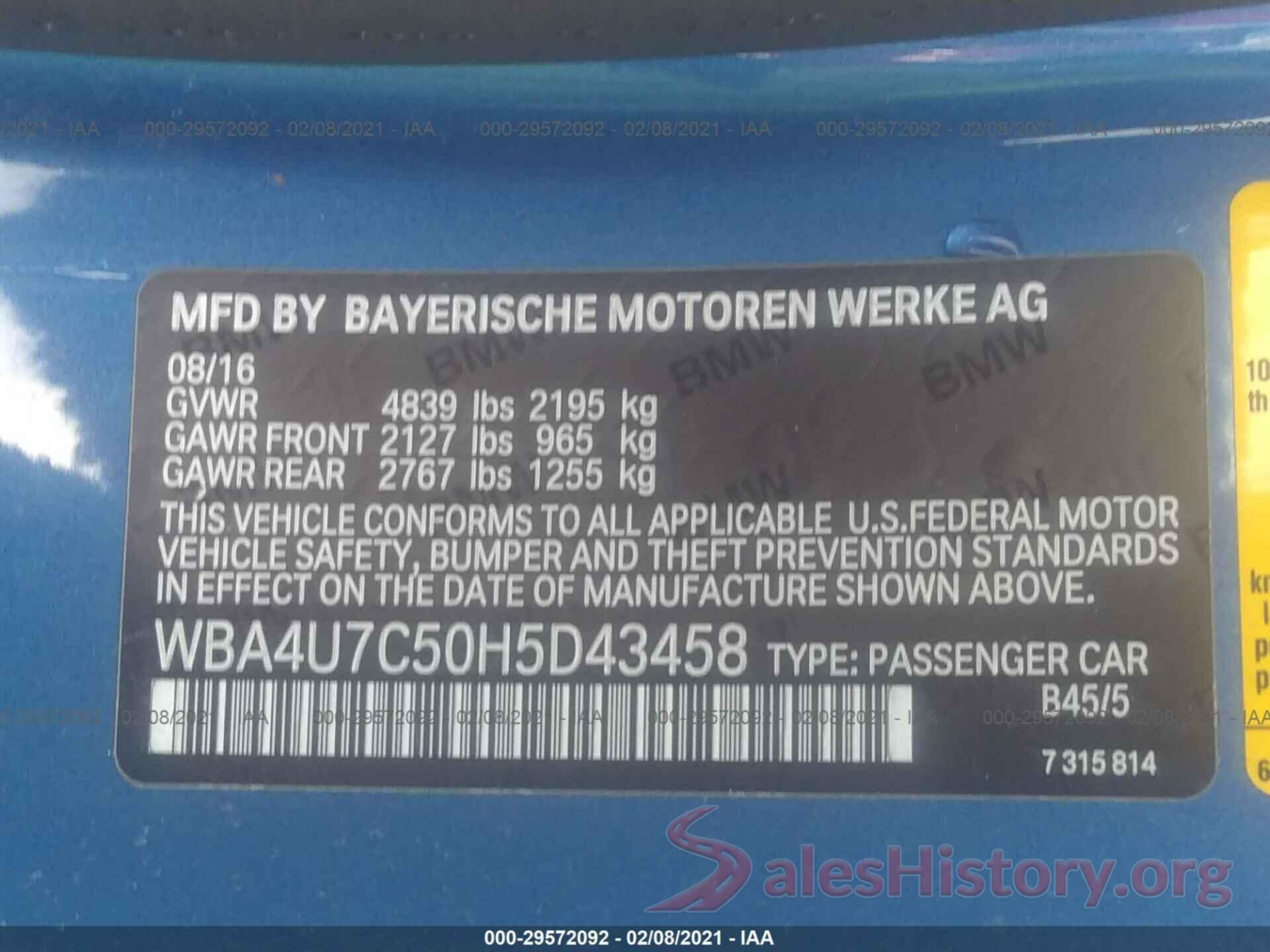 WBA4U7C50H5D43458 2017 BMW 4 SERIES