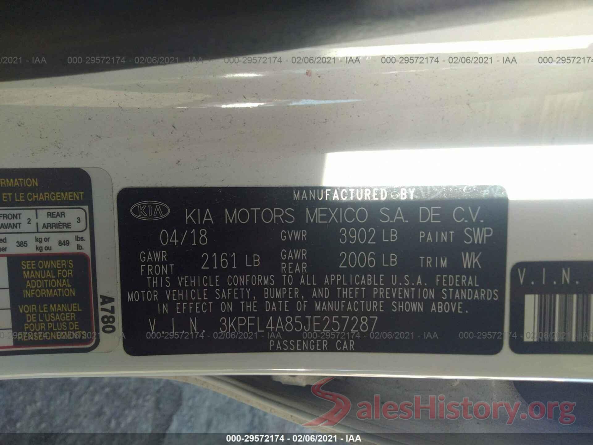 3KPFL4A85JE257287 2018 KIA FORTE