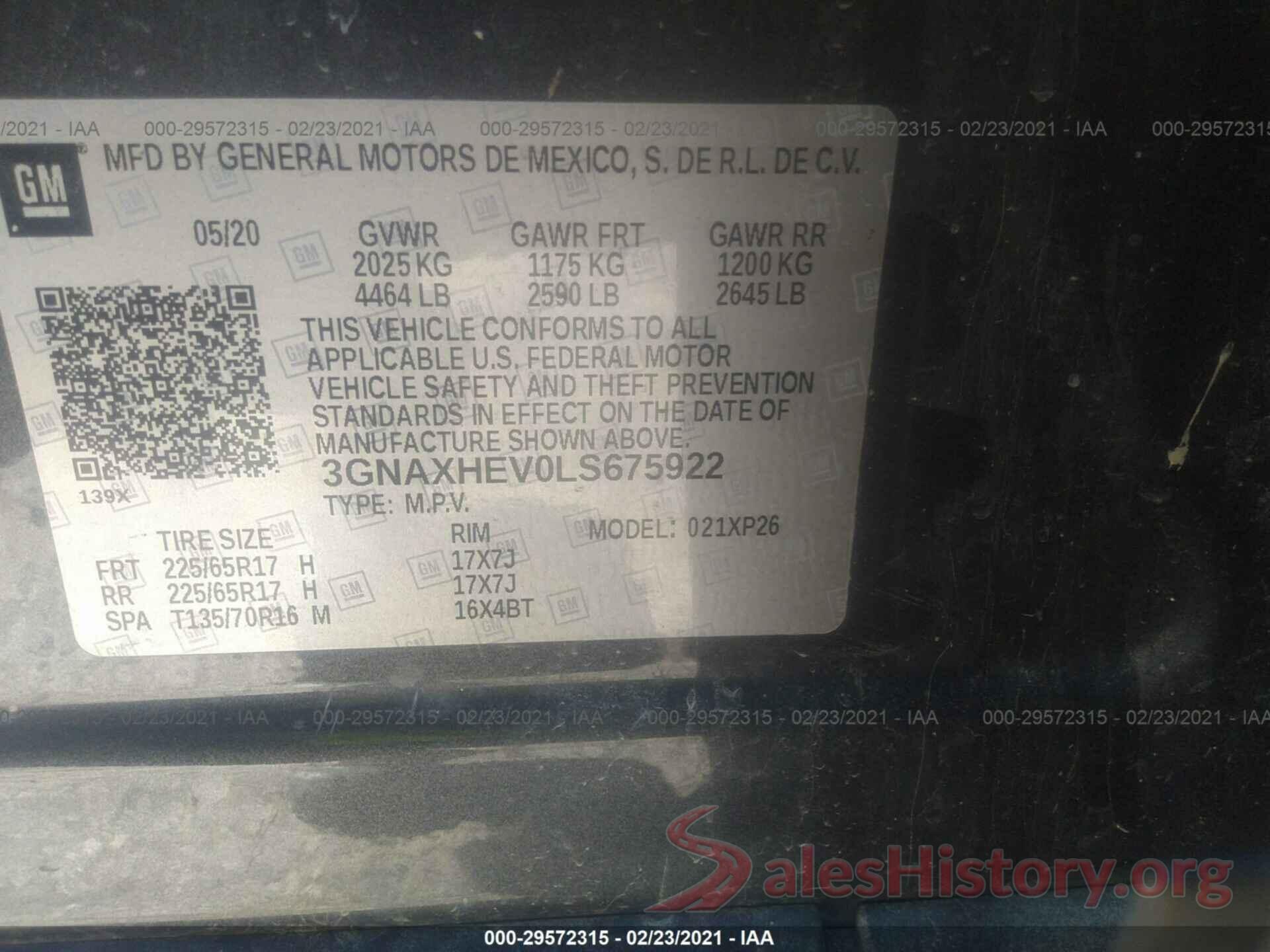 3GNAXHEV0LS675922 2020 CHEVROLET EQUINOX