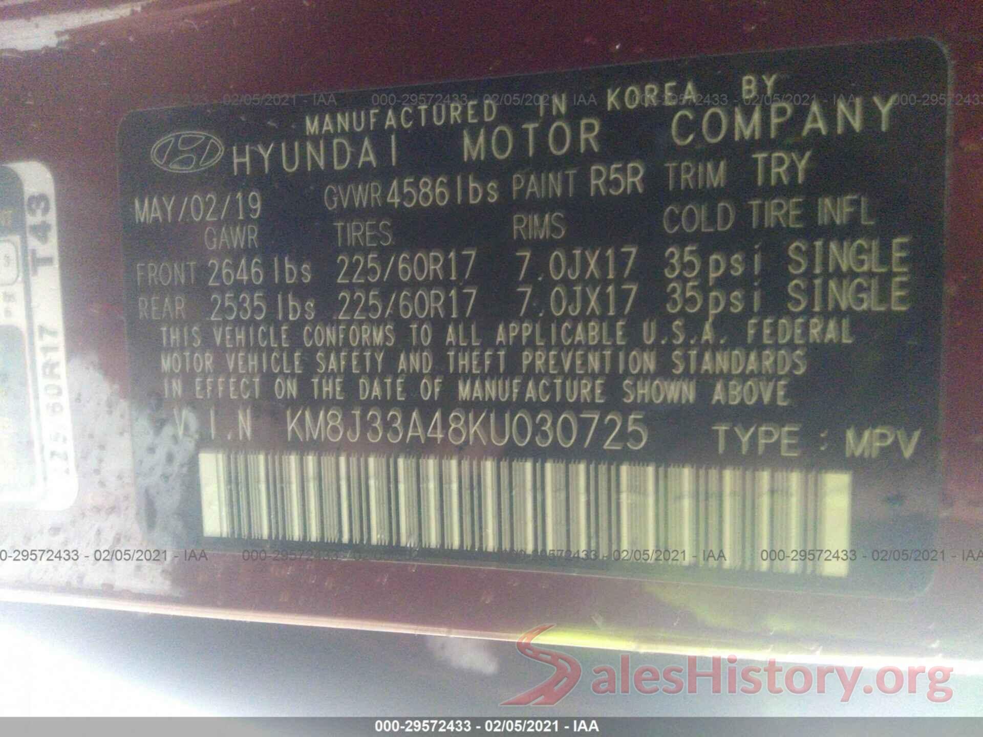 KM8J33A48KU030725 2019 HYUNDAI TUCSON