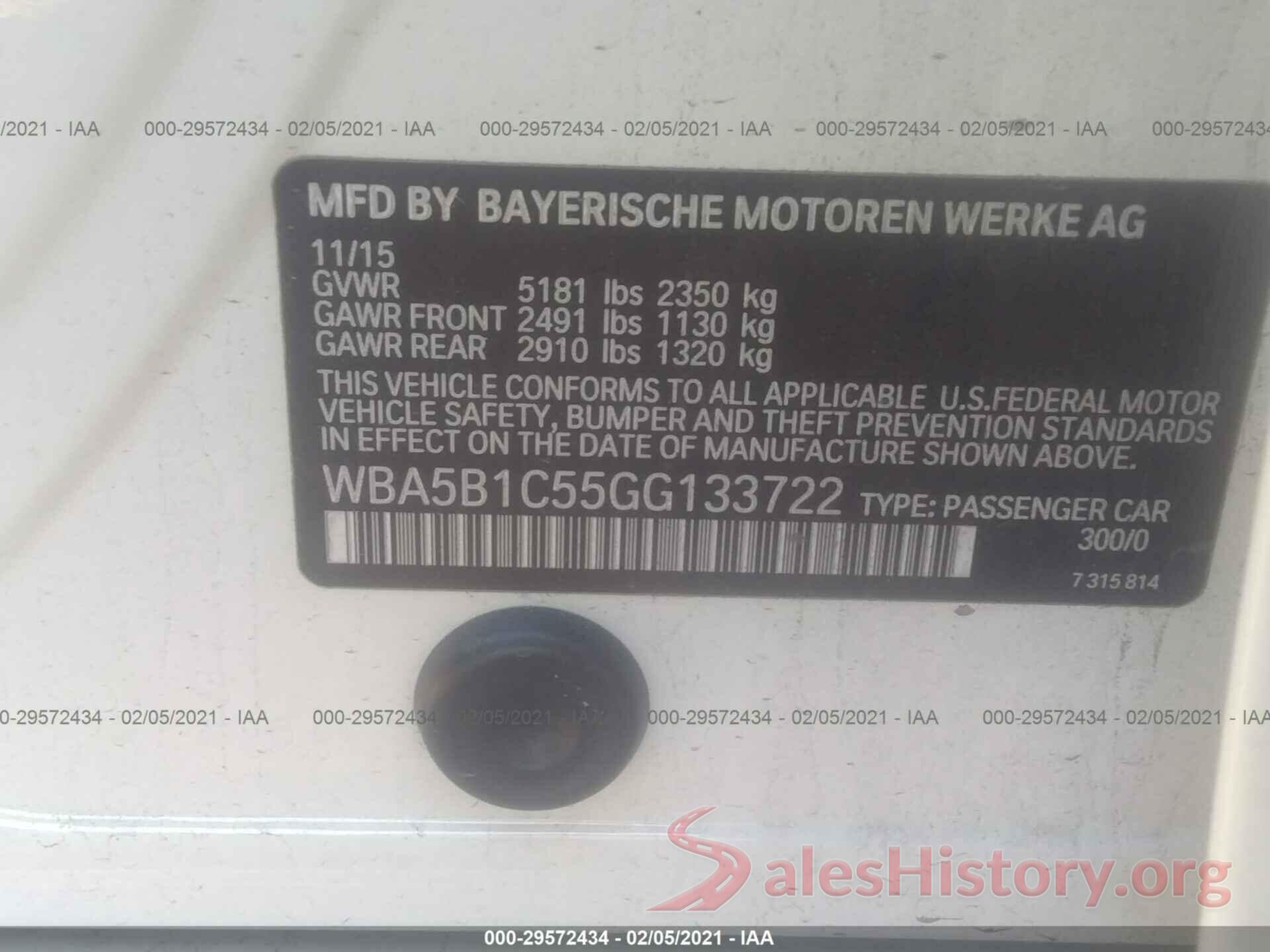 WBA5B1C55GG133722 2016 BMW 5 SERIES