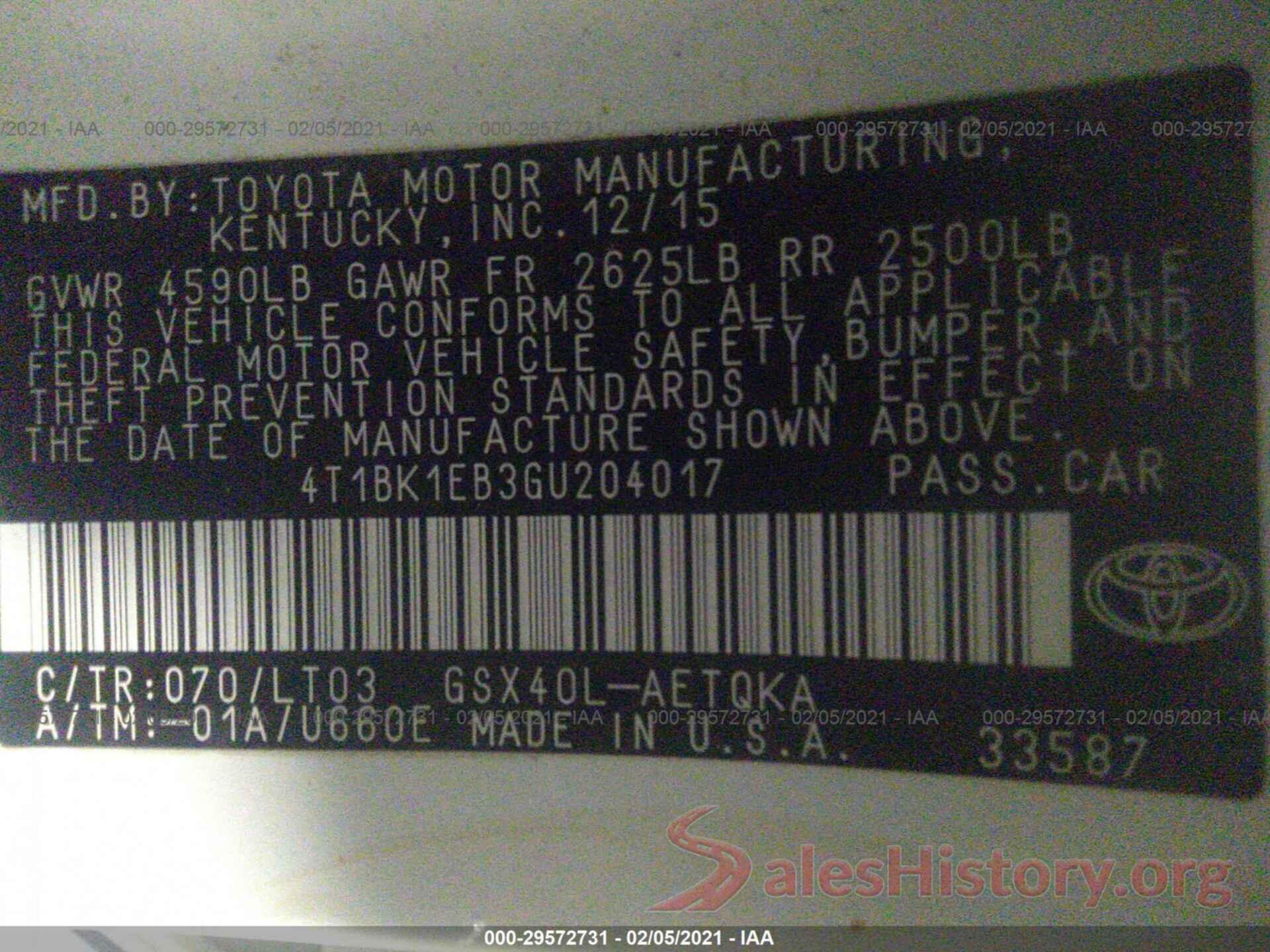 4T1BK1EB3GU204017 2016 TOYOTA AVALON