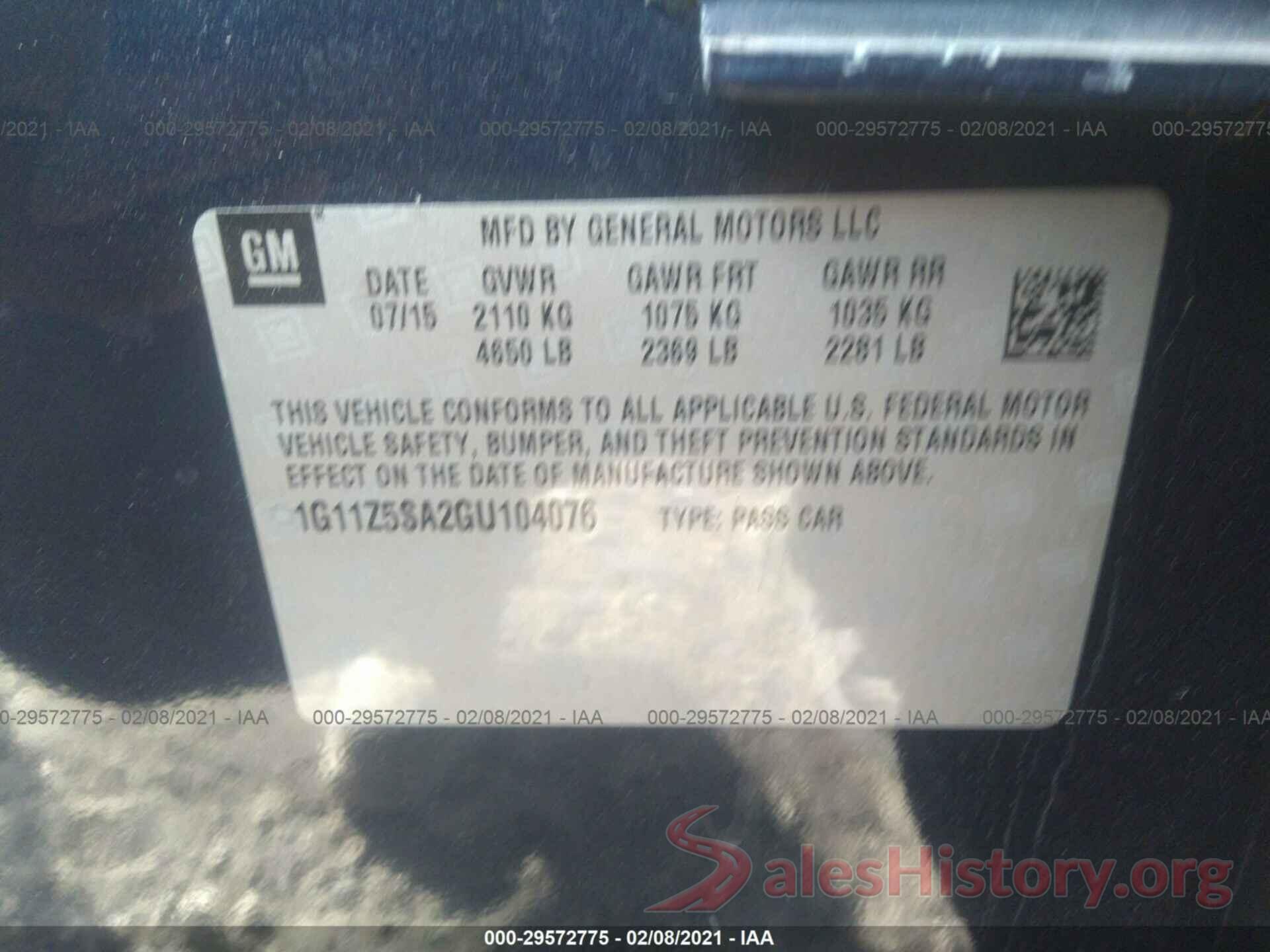 1G11Z5SA2GU104076 2016 CHEVROLET IMPALA