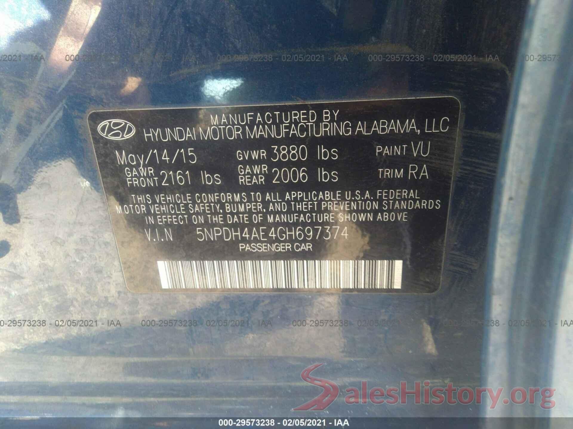 5NPDH4AE4GH697374 2016 HYUNDAI ELANTRA