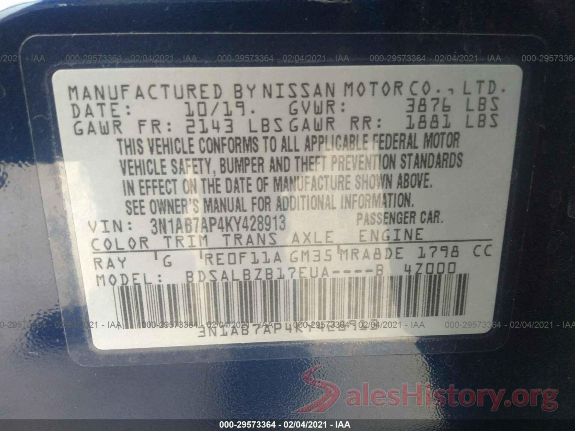 3N1AB7AP4KY428913 2019 NISSAN SENTRA