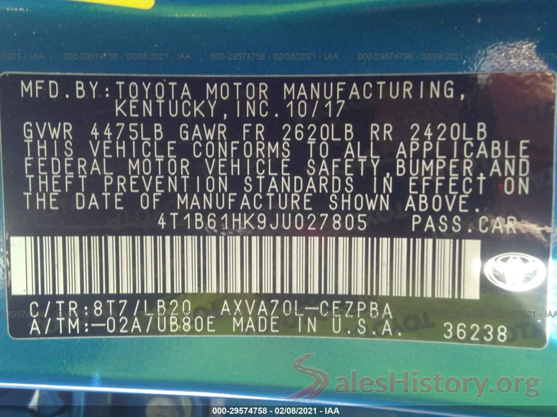 4T1B61HK9JU027805 2018 TOYOTA CAMRY