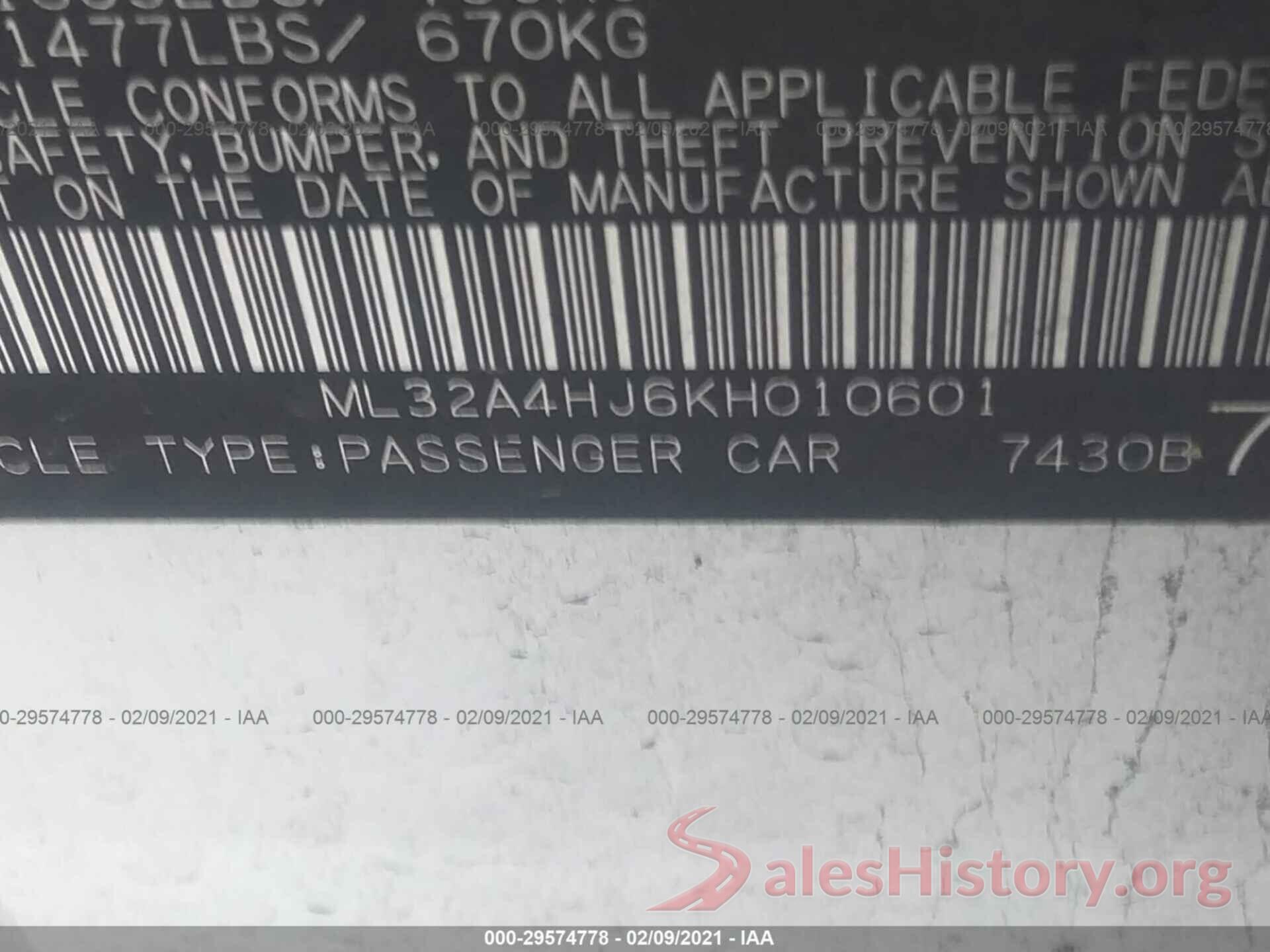 ML32A4HJ6KH010601 2019 MITSUBISHI MIRAGE